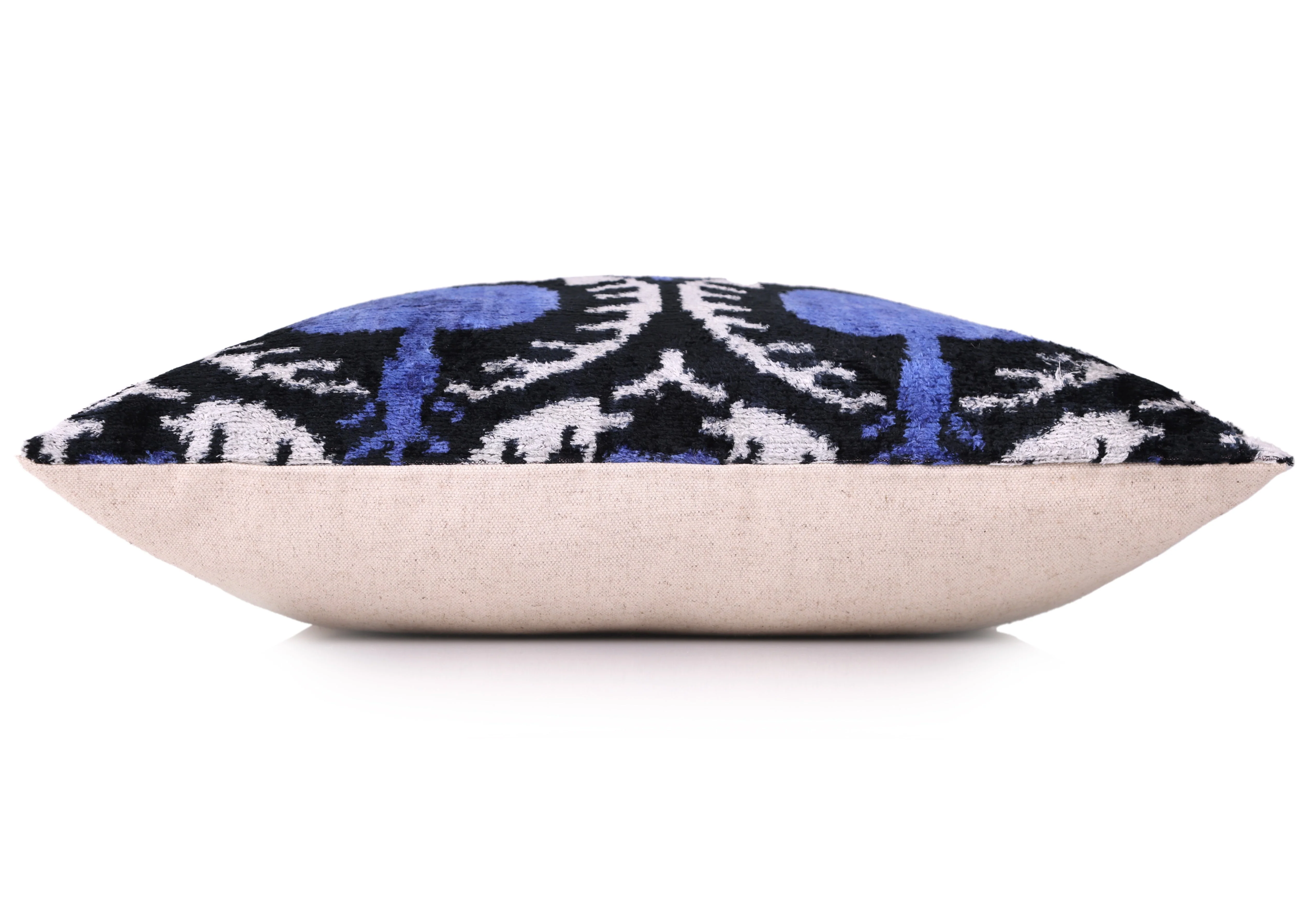 Handmade Ikat Velvet Pillow – 20x20" Blue & Black Silk Cushion - Image 3