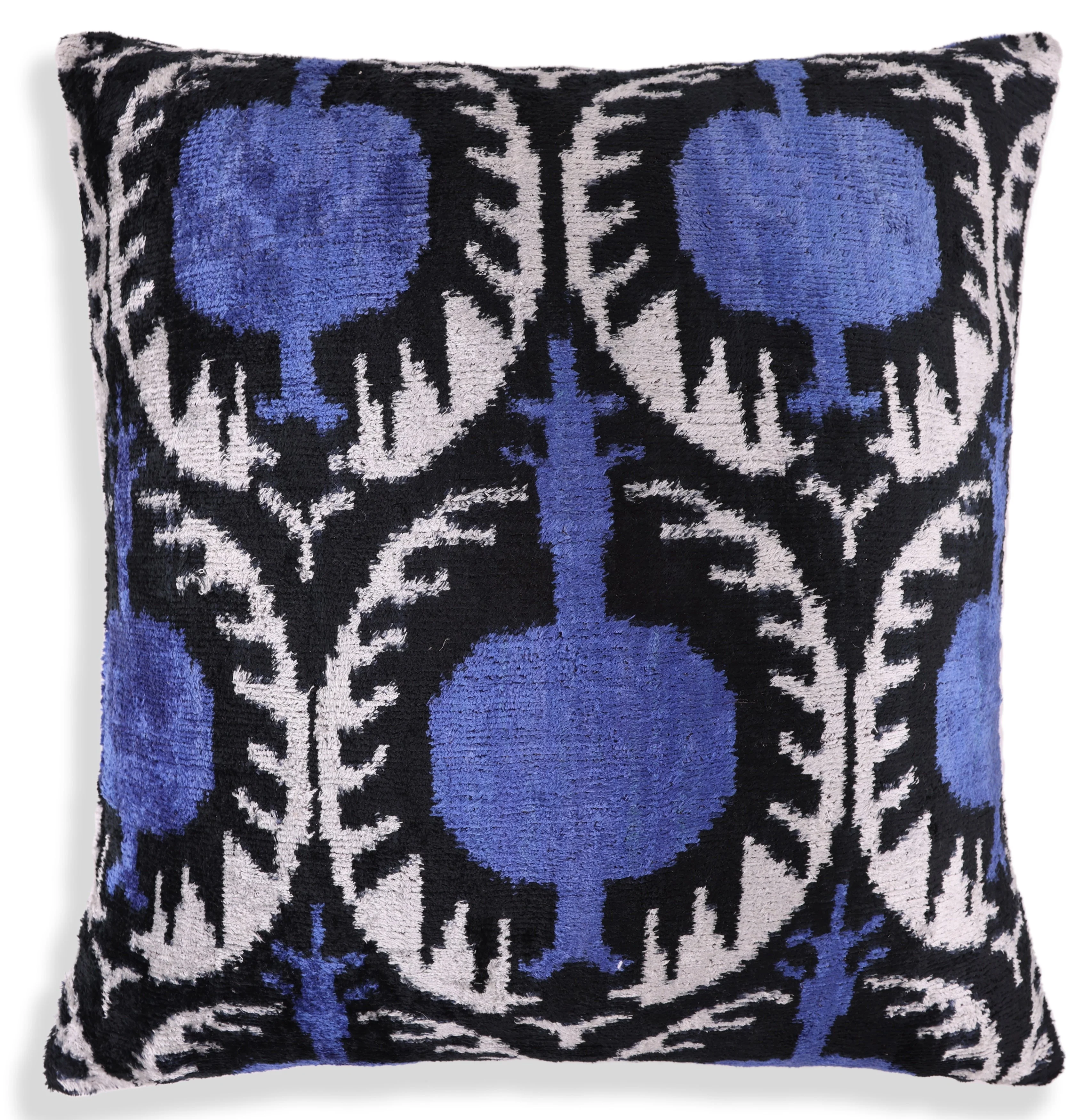 Handmade Ikat Velvet Pillow – 20x20" Blue & Black Silk Cushion - Image 5