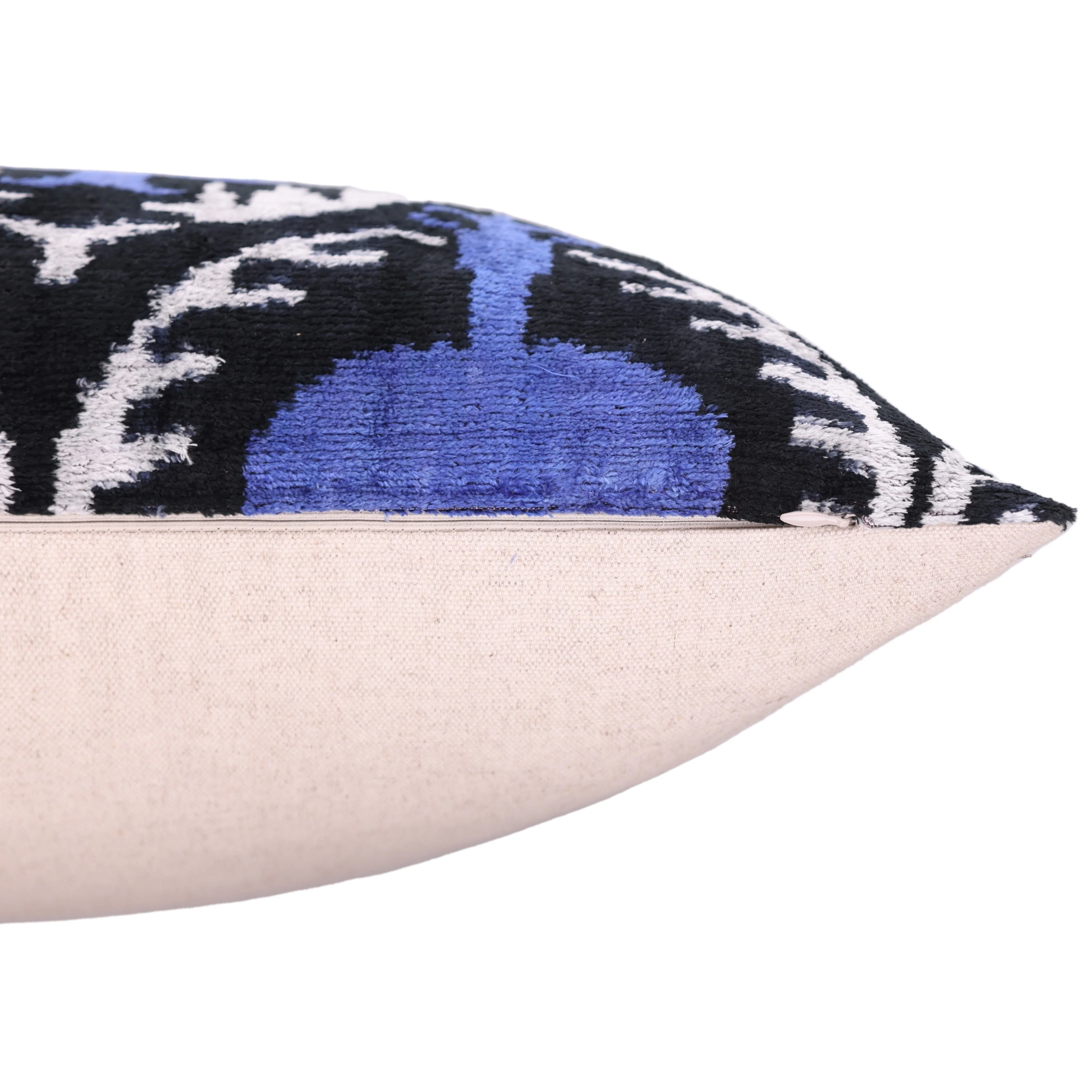 Handmade Ikat Velvet Pillow – 20x20" Blue & Black Silk Cushion - Image 6
