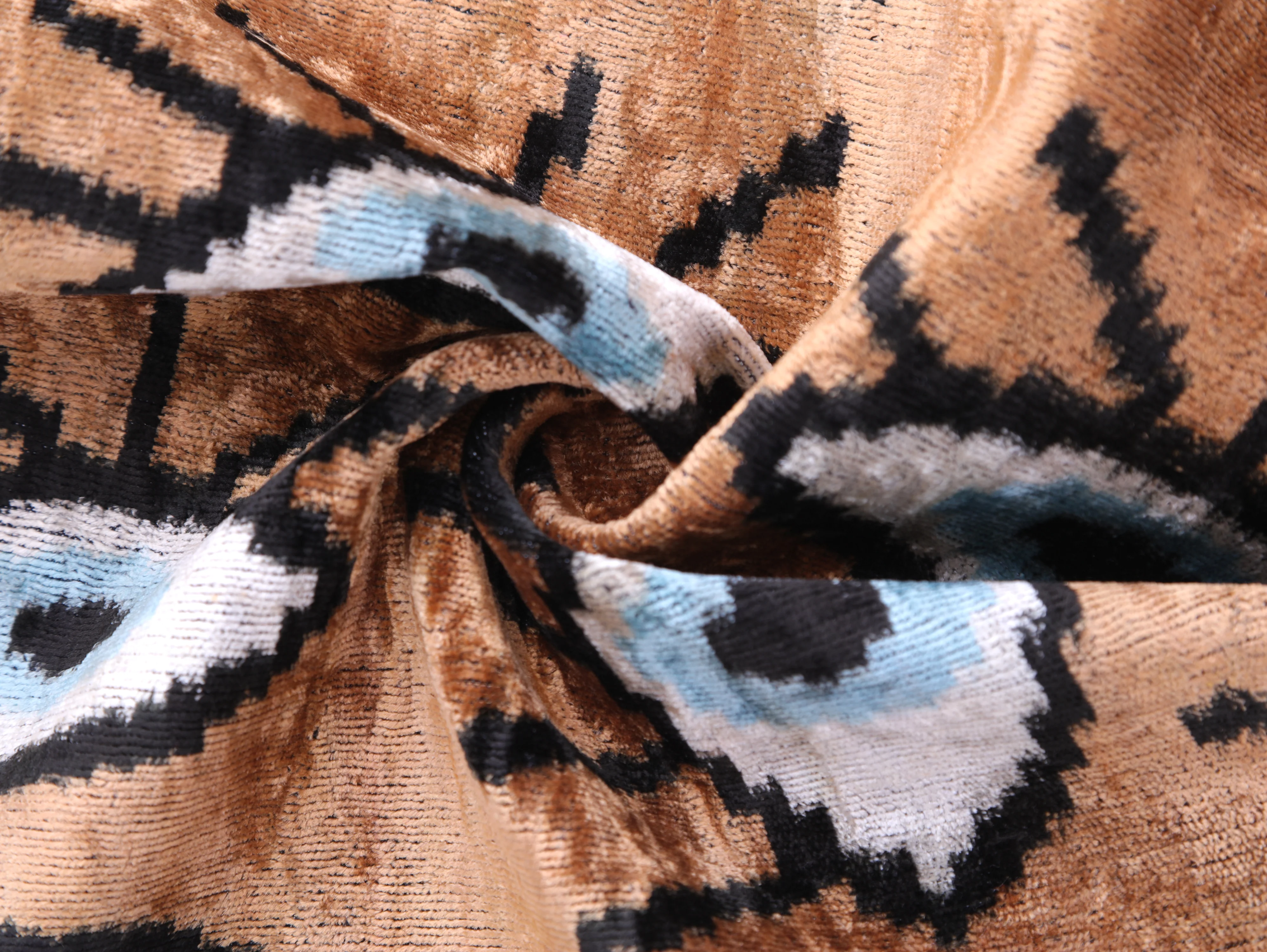 Handmade Ikat Velvet Throw Pillow with insert  16x24 in – Silk Brown White Modern Eye - Image 2