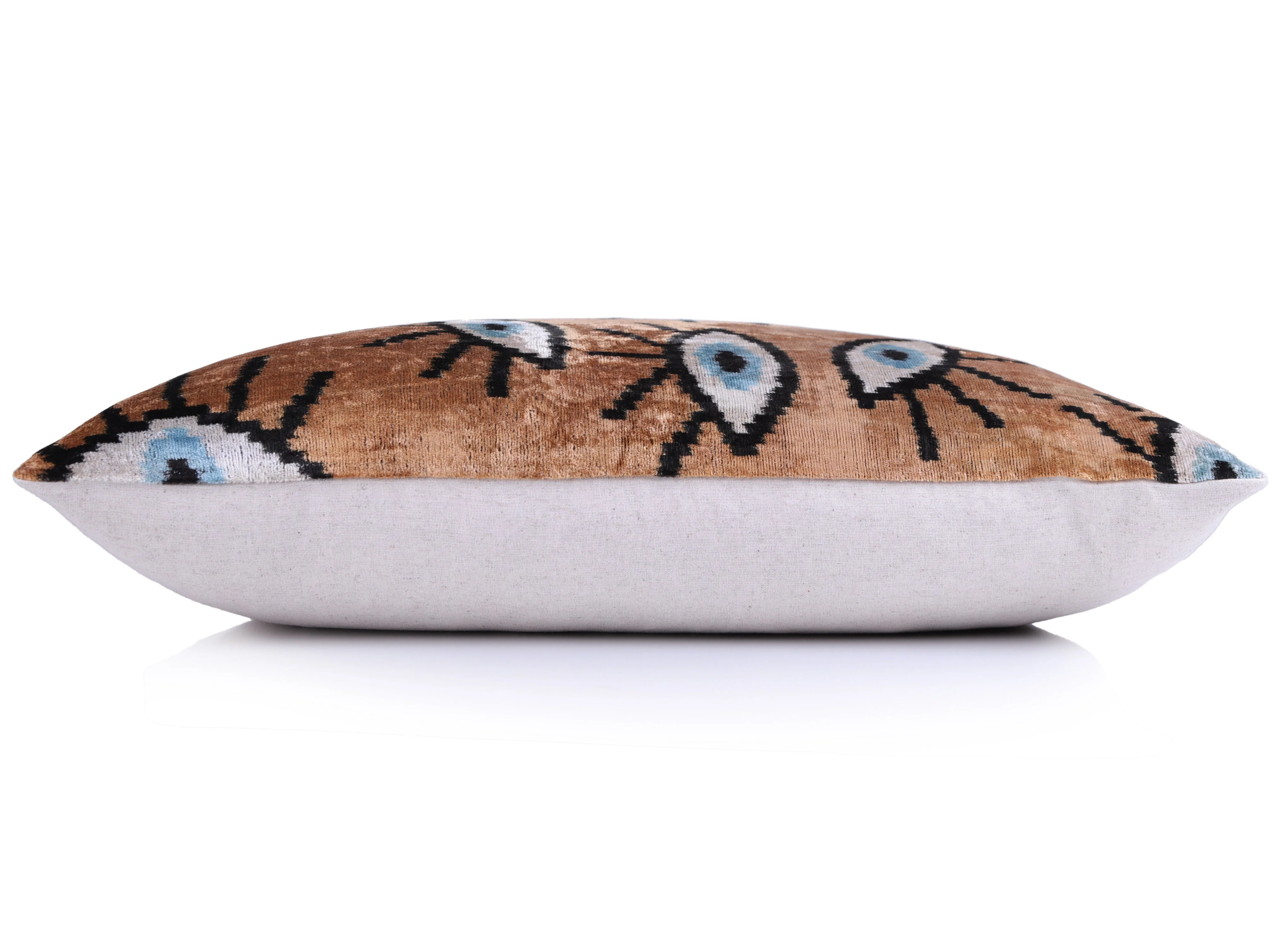 Handmade Ikat Velvet Throw Pillow with insert  16x24 in – Silk Brown White Modern Eye - Image 3