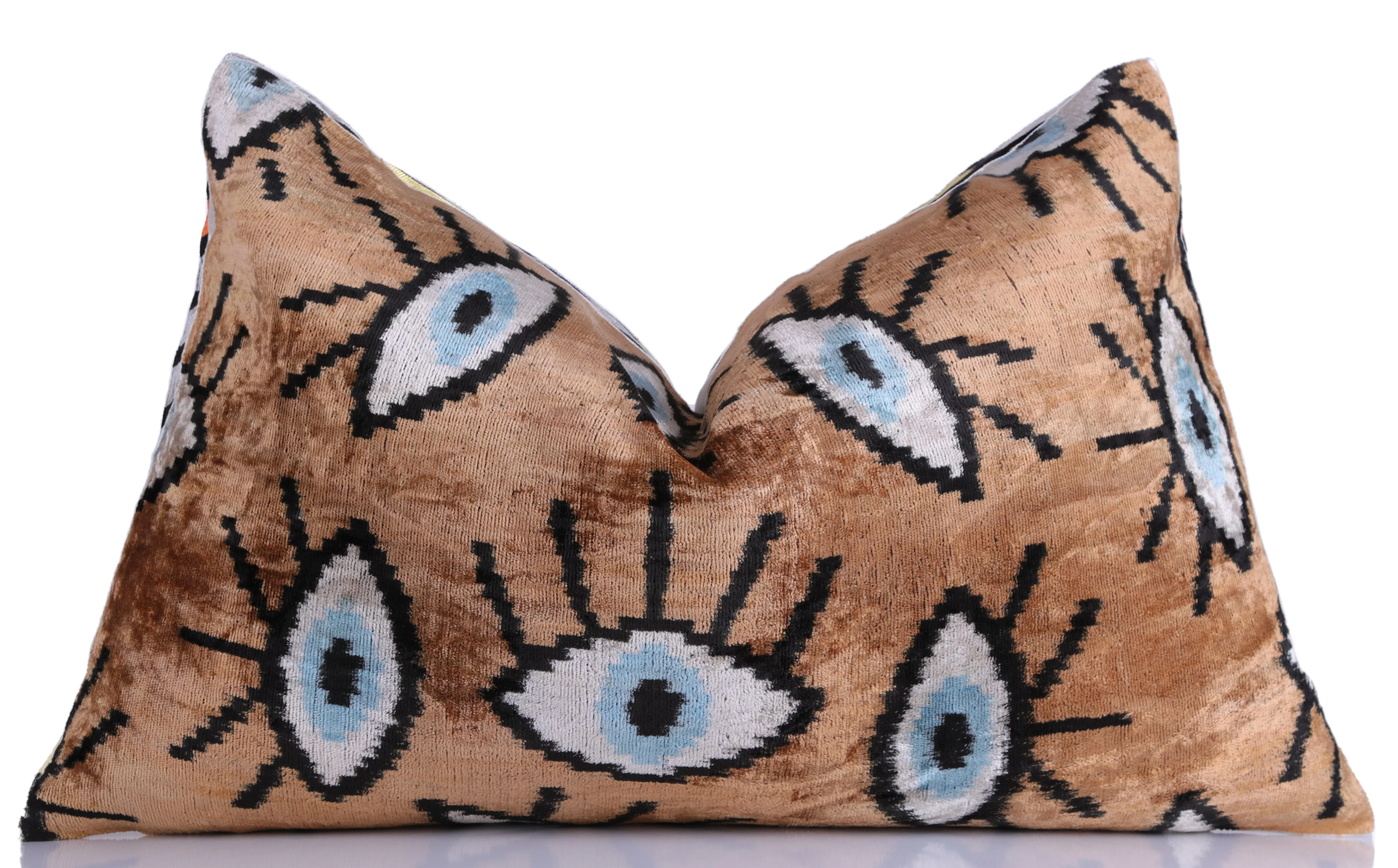 Handmade Ikat Velvet Throw Pillow with insert  16x24 in – Silk Brown White Modern Eye - Image 4