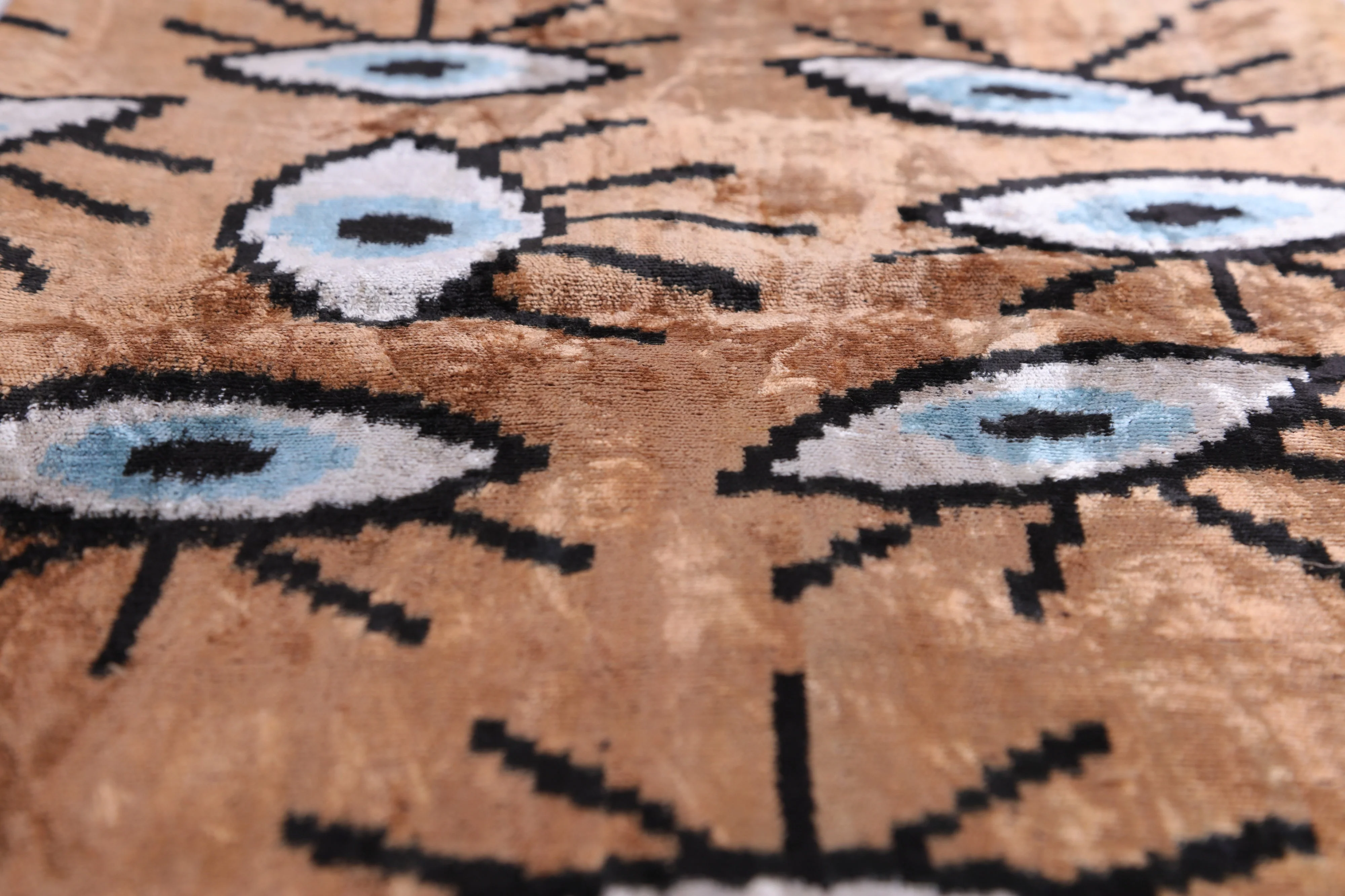 Handmade Ikat Velvet Throw Pillow with insert  16x24 in – Silk Brown White Modern Eye - Image 5