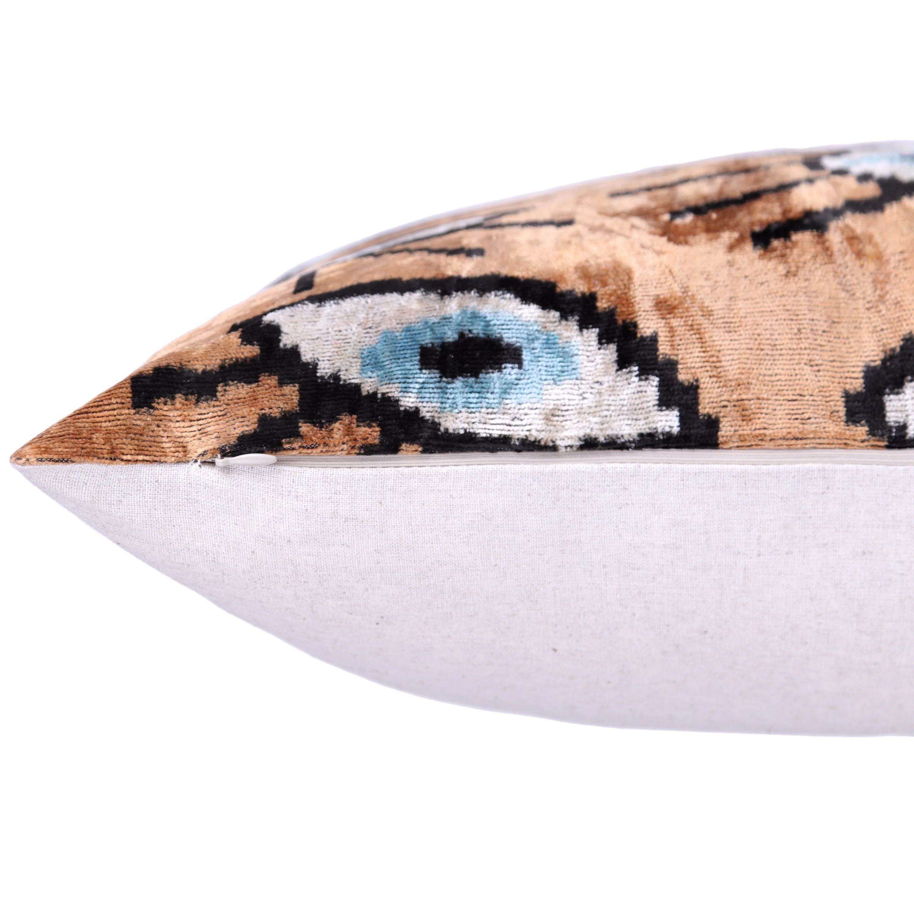 Handmade Ikat Velvet Throw Pillow with insert  16x24 in – Silk Brown White Modern Eye - Image 6