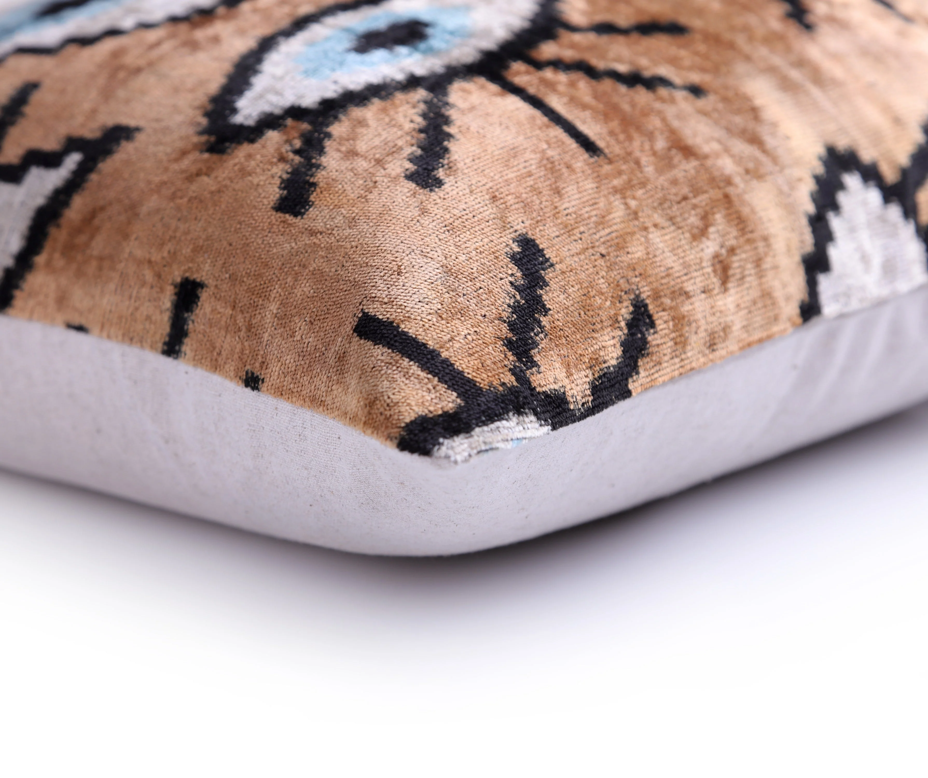 Handmade Ikat Velvet Throw Pillow with insert  16x24 in – Silk Brown White Modern Eye - Image 8