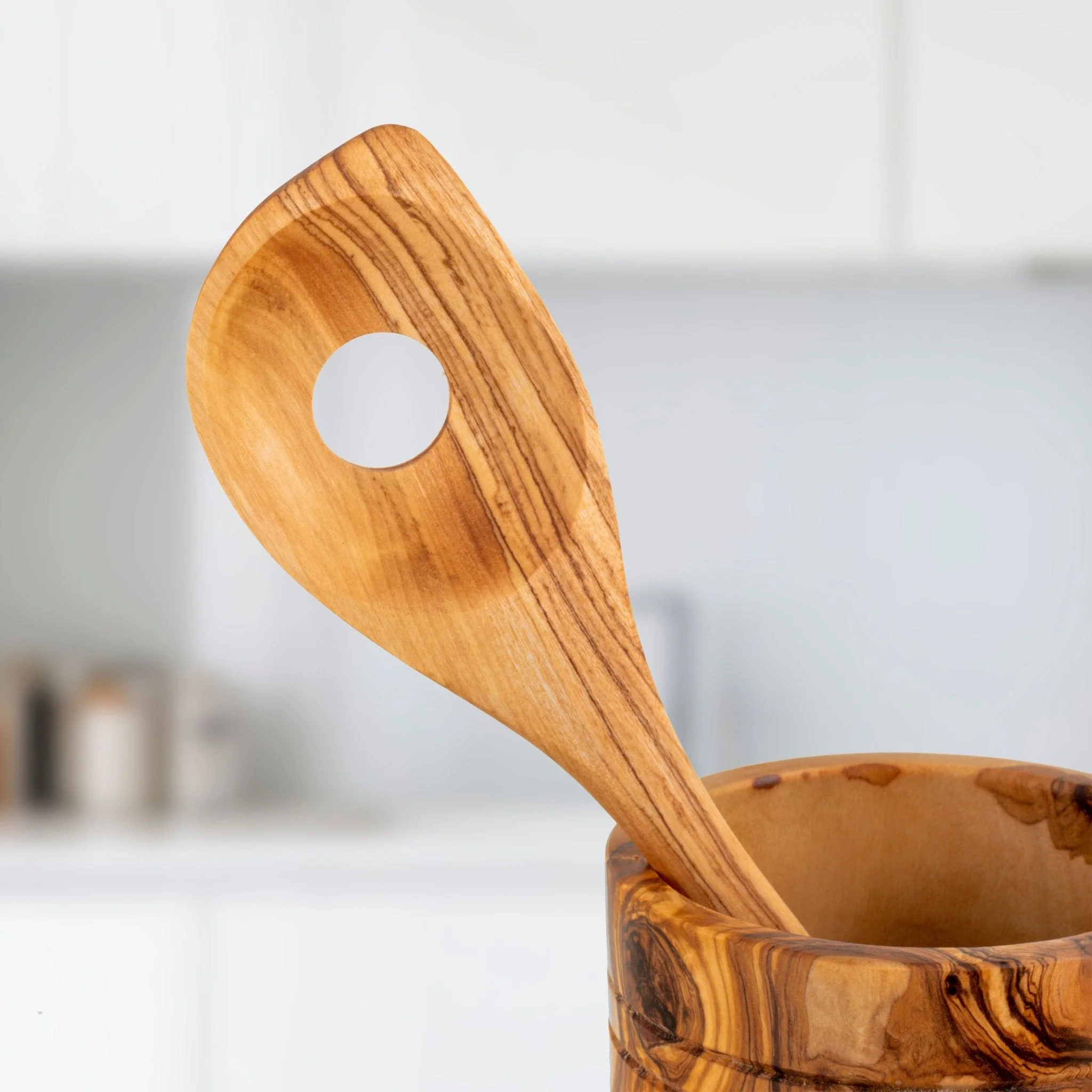 Handmade Olive Wood Kitchen Utensils Set of 5 with Wooden Holder - Image 4