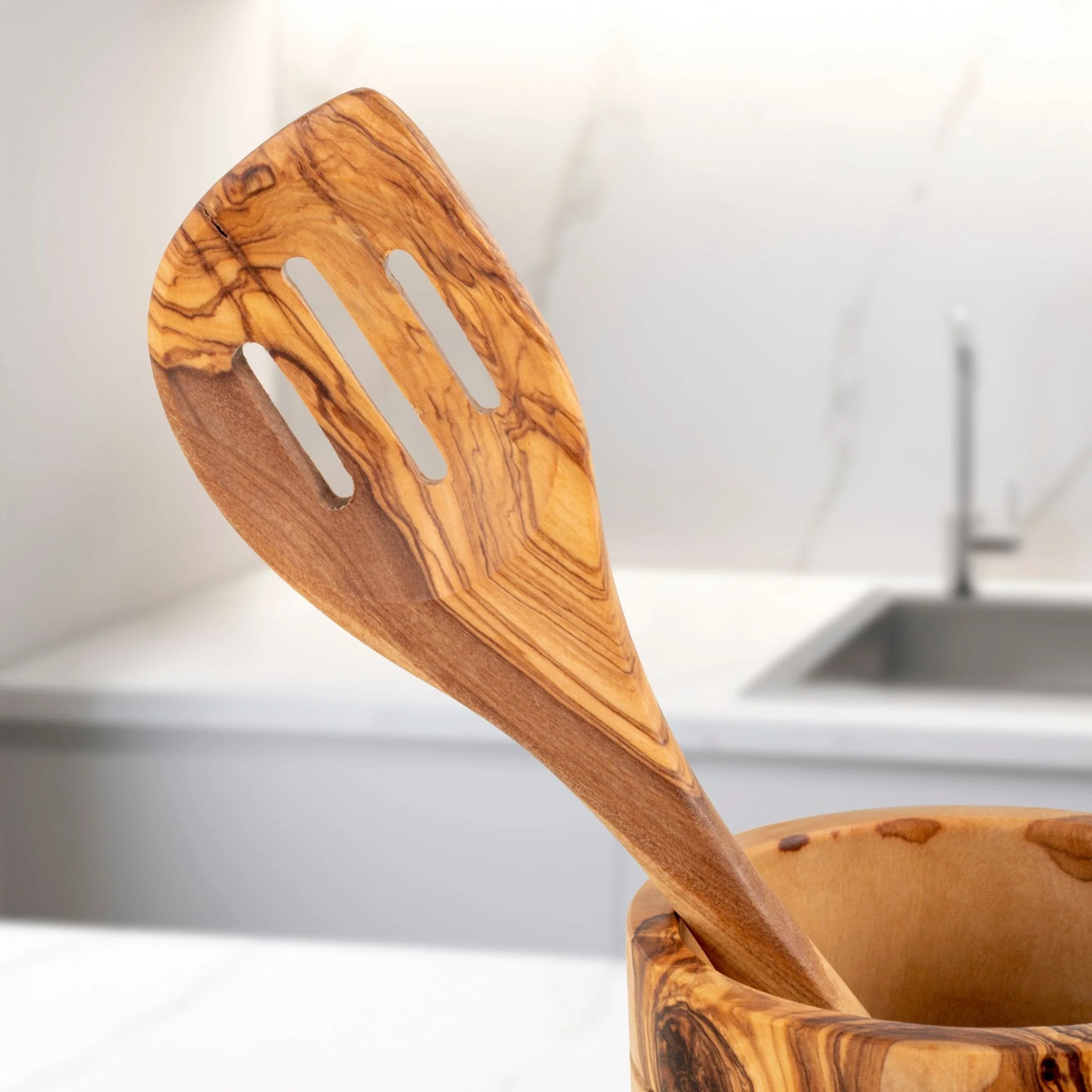 Handmade Olive Wood Kitchen Utensils Set of 5 with Wooden Holder - Image 5