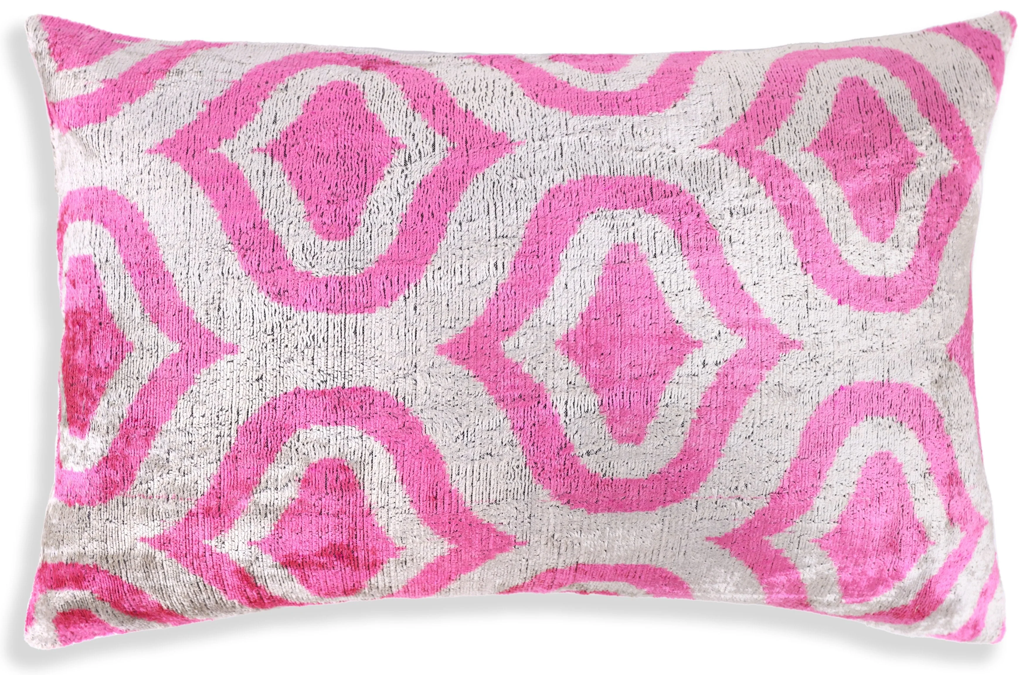 Handmade Pink Geometric Velvet Lumbar Pillow 16x24 – Luxury Silk Ikat Cushion - Image 5