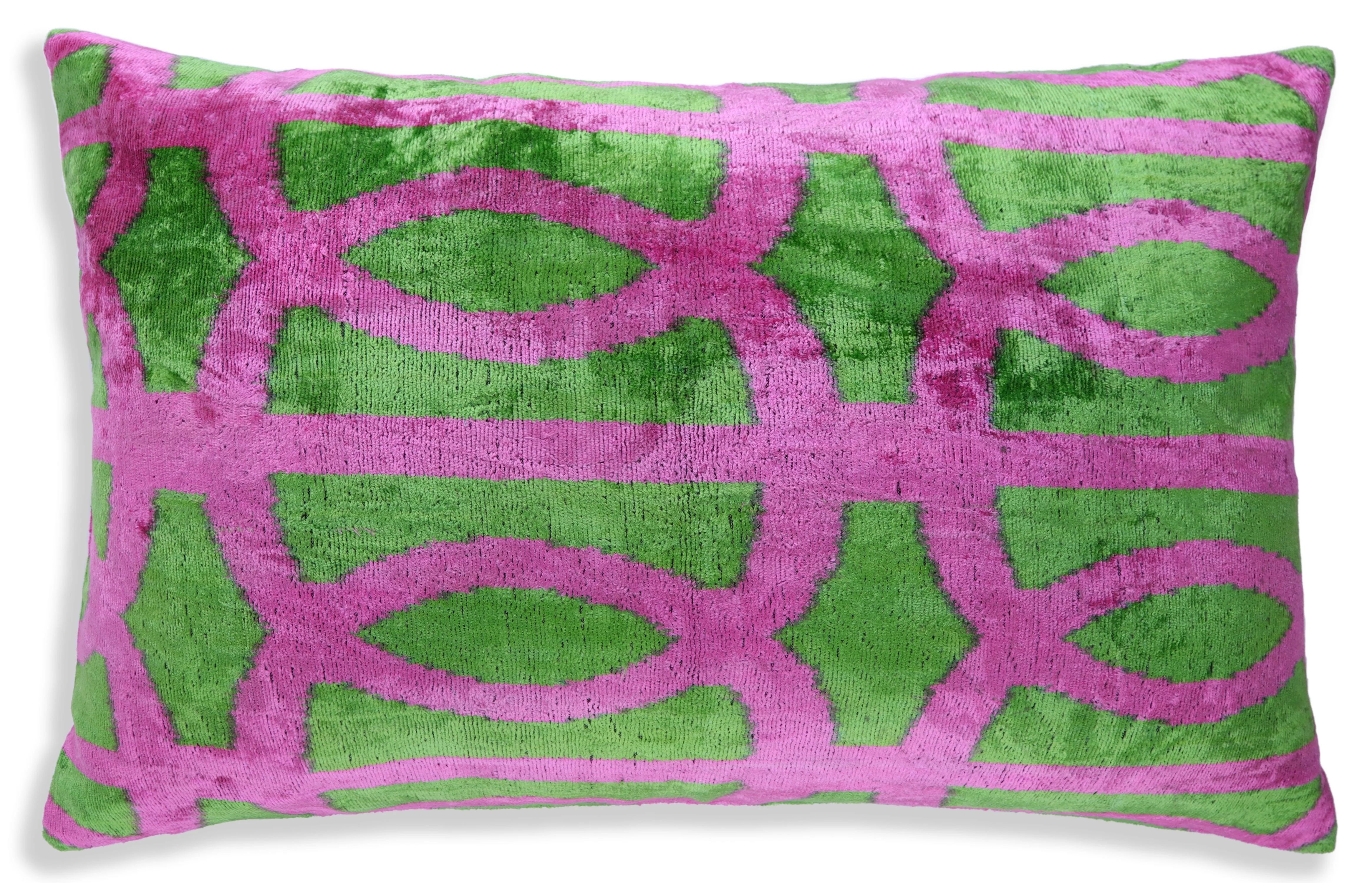 Handmade Pink & Green Ikat Velvet Throw Pillow – 16x24 Luxury Accent - Image 4
