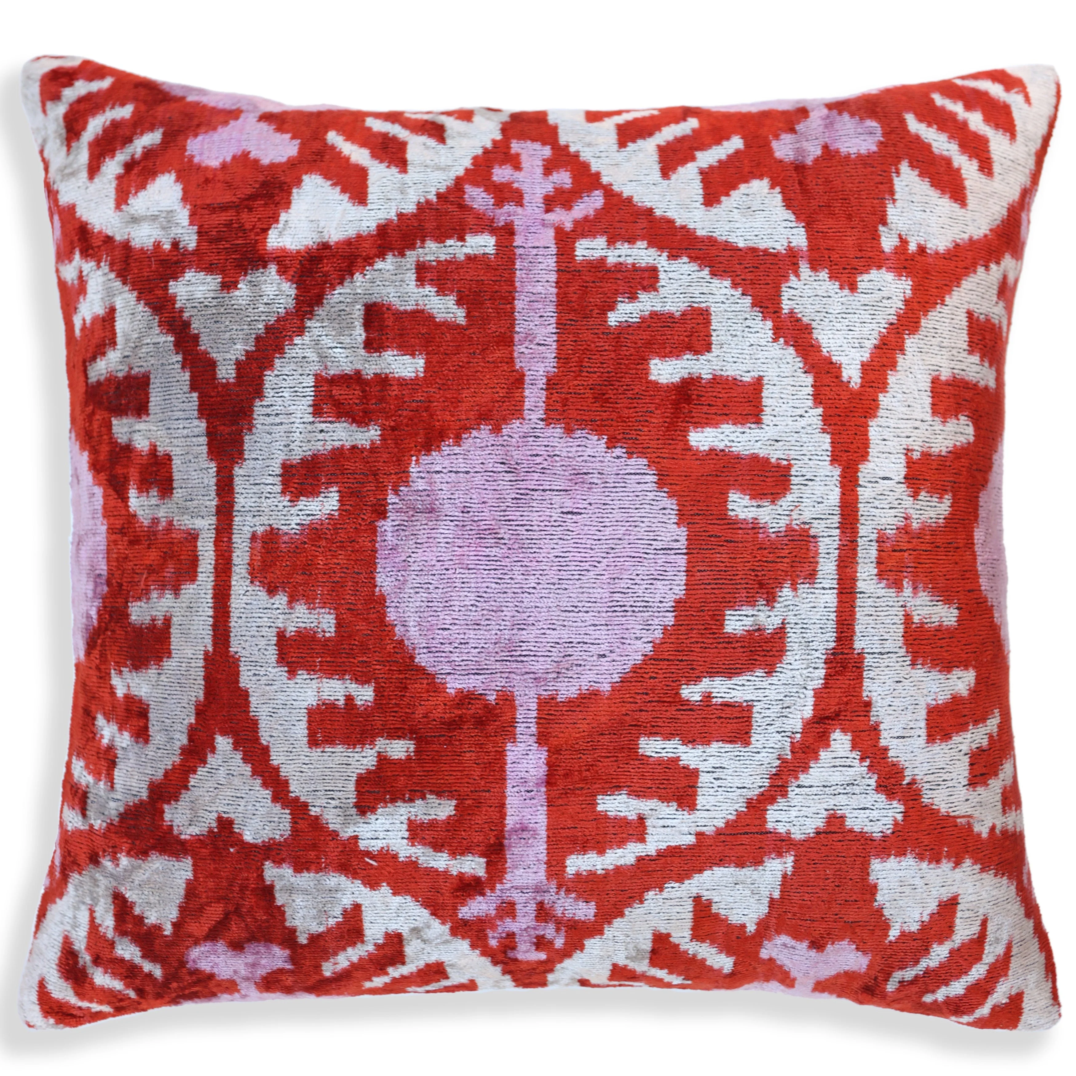 Handmade Red & Lilac Ikat Velvet Pillow – 16x16 Silk Cushion - Image 4