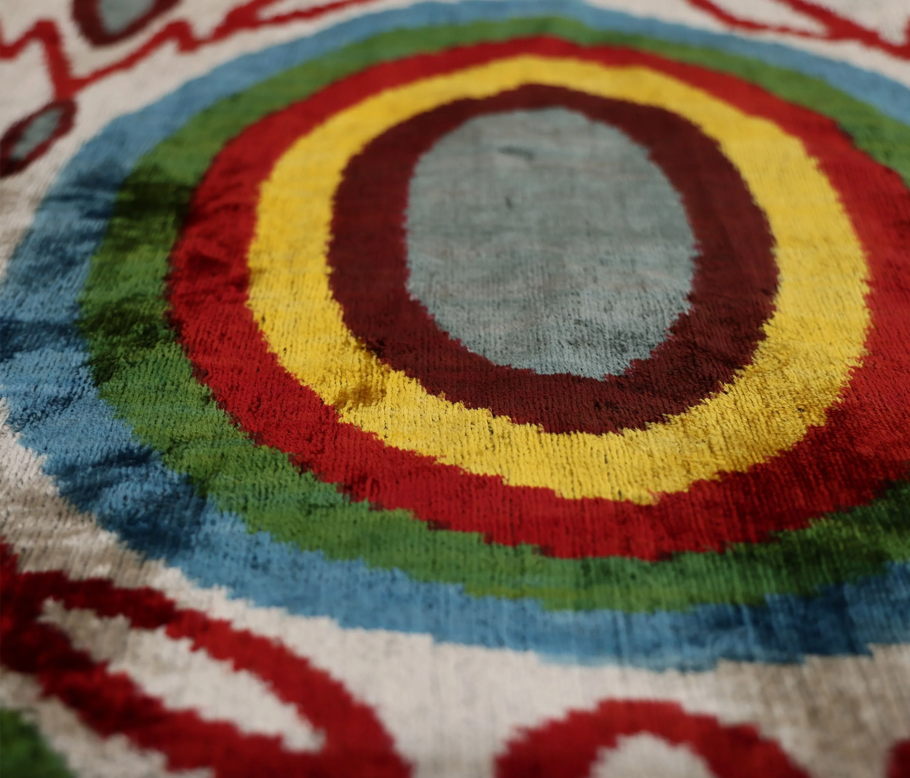 Handmade Silk Velvet Pillow 20x20 – Multicolor Ikat Circle Designer Cushion - Image 2