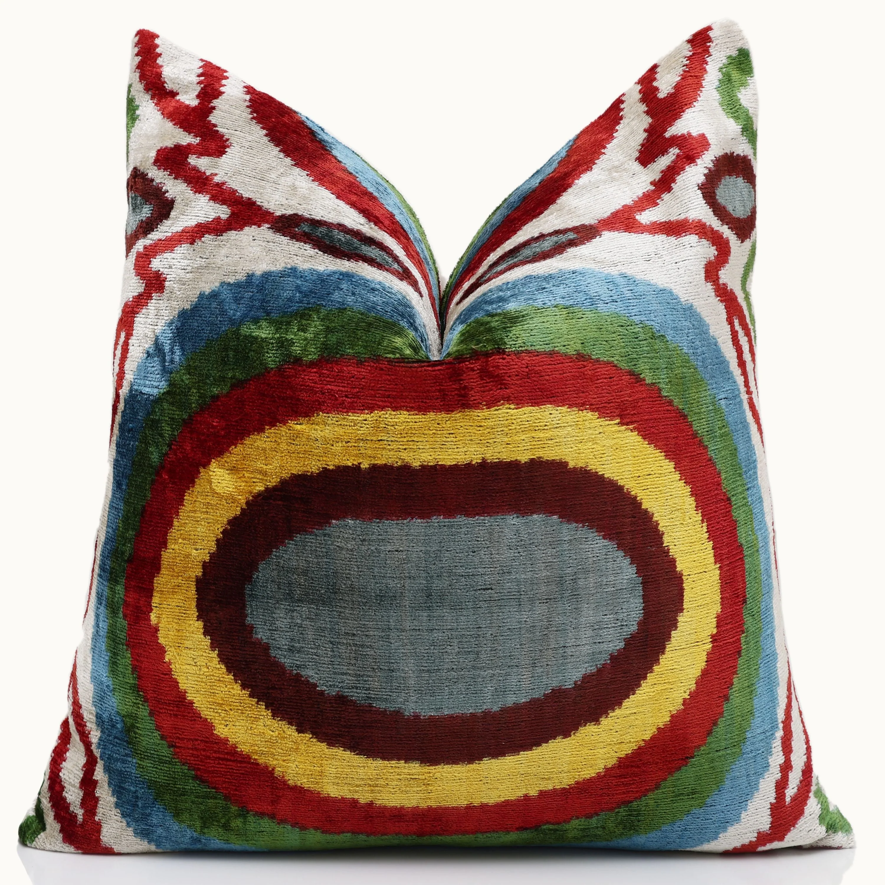 Handmade Silk Velvet Pillow 20x20 – Multicolor Ikat Circle Designer Cushion - Image 5
