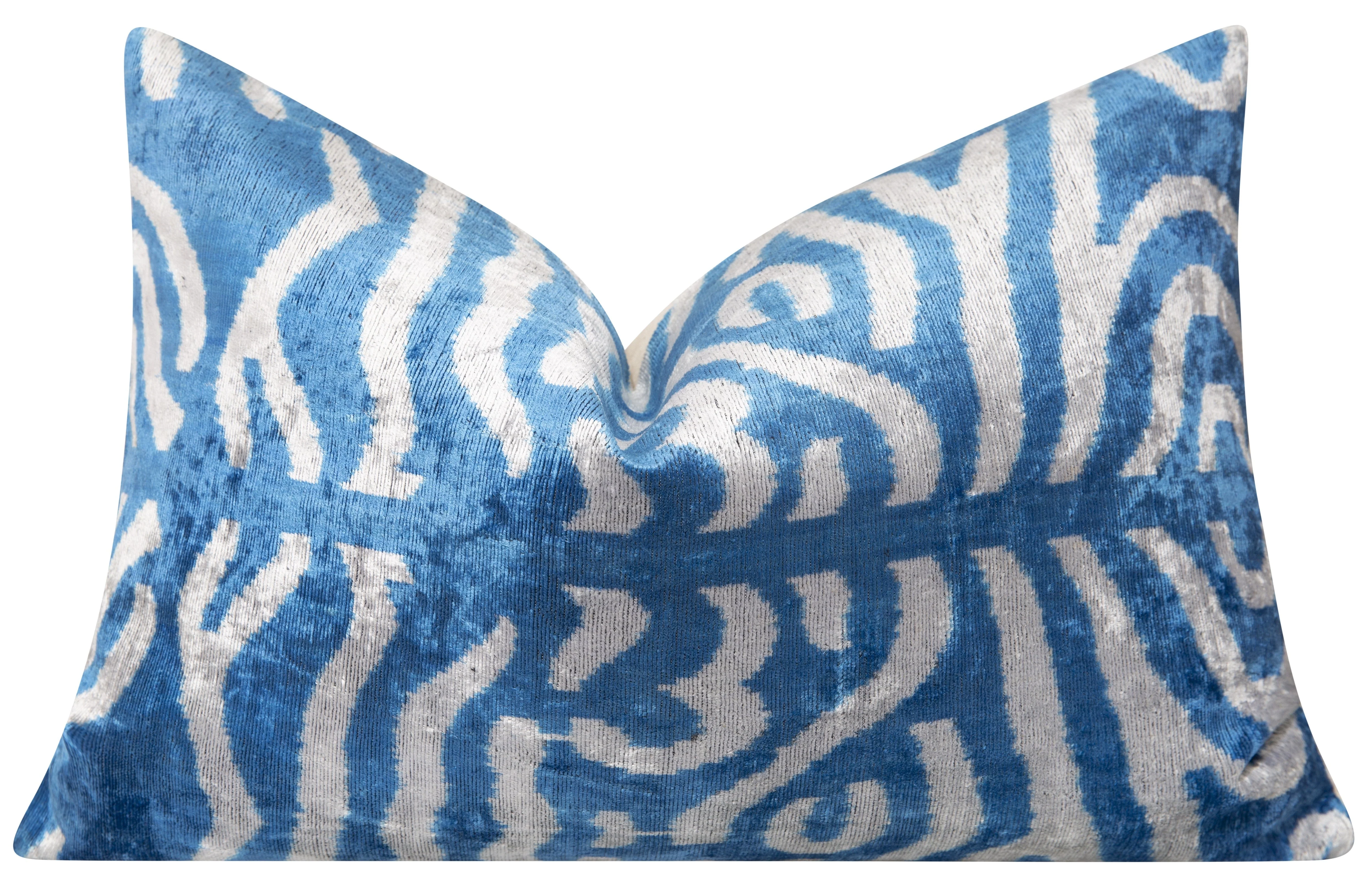 Handmade Silk Velvet Throw Pillow - 16x24 with Premium Down Feather Insert, Hidden Zipper - Blue and White Tiger Print Design for Sofa, Couch, Bed Decor - Image 3