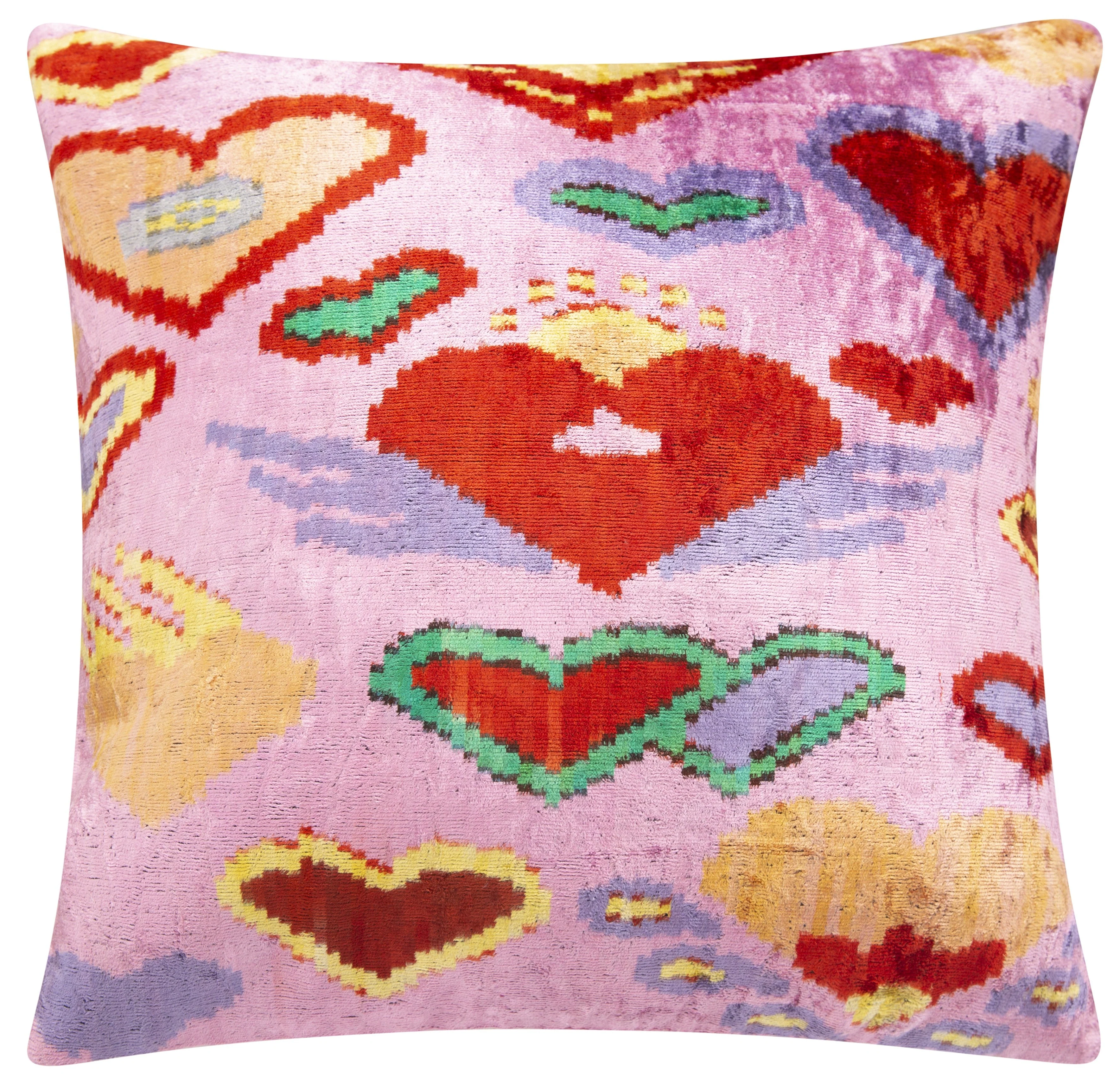 Handmade Silk Velvet Throw Pillow 20x20 in - Pink & Red Heart Pattern with Down Feather Insert - Image 4