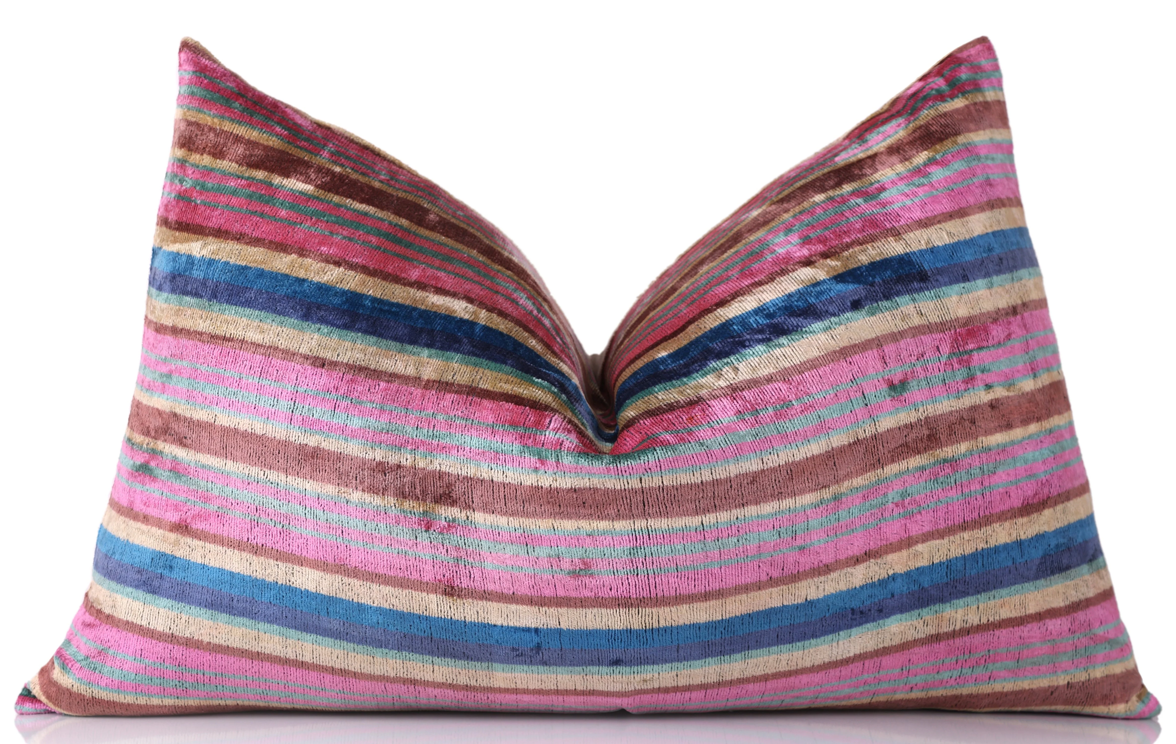 Handmade Striped Velvet Pillow – 16x24" Colorful Silk Cushion - Image 5