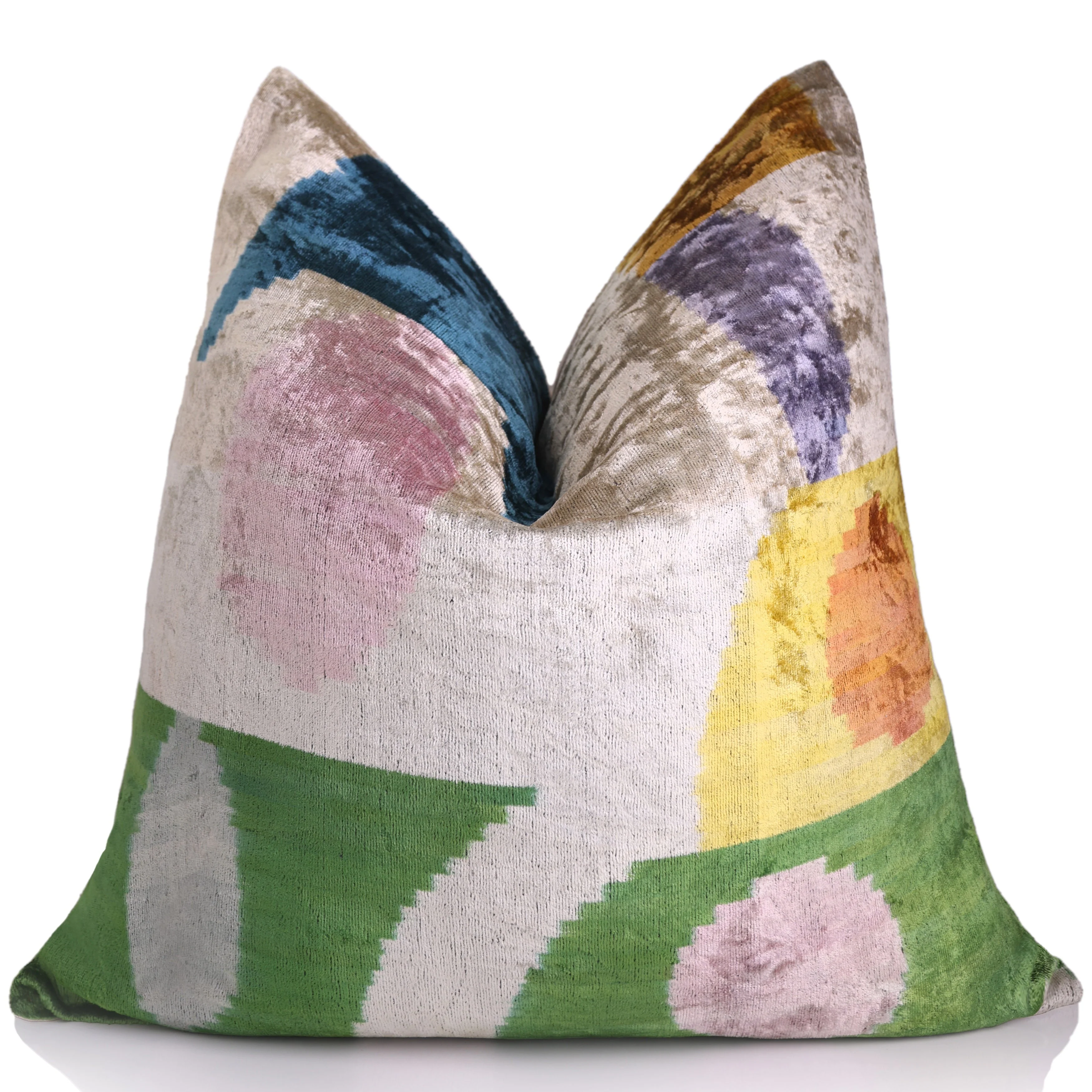 Handmade Velvet Abstract Pillow – 24x24" Pastel Ikat Silk Cushion - Image 4
