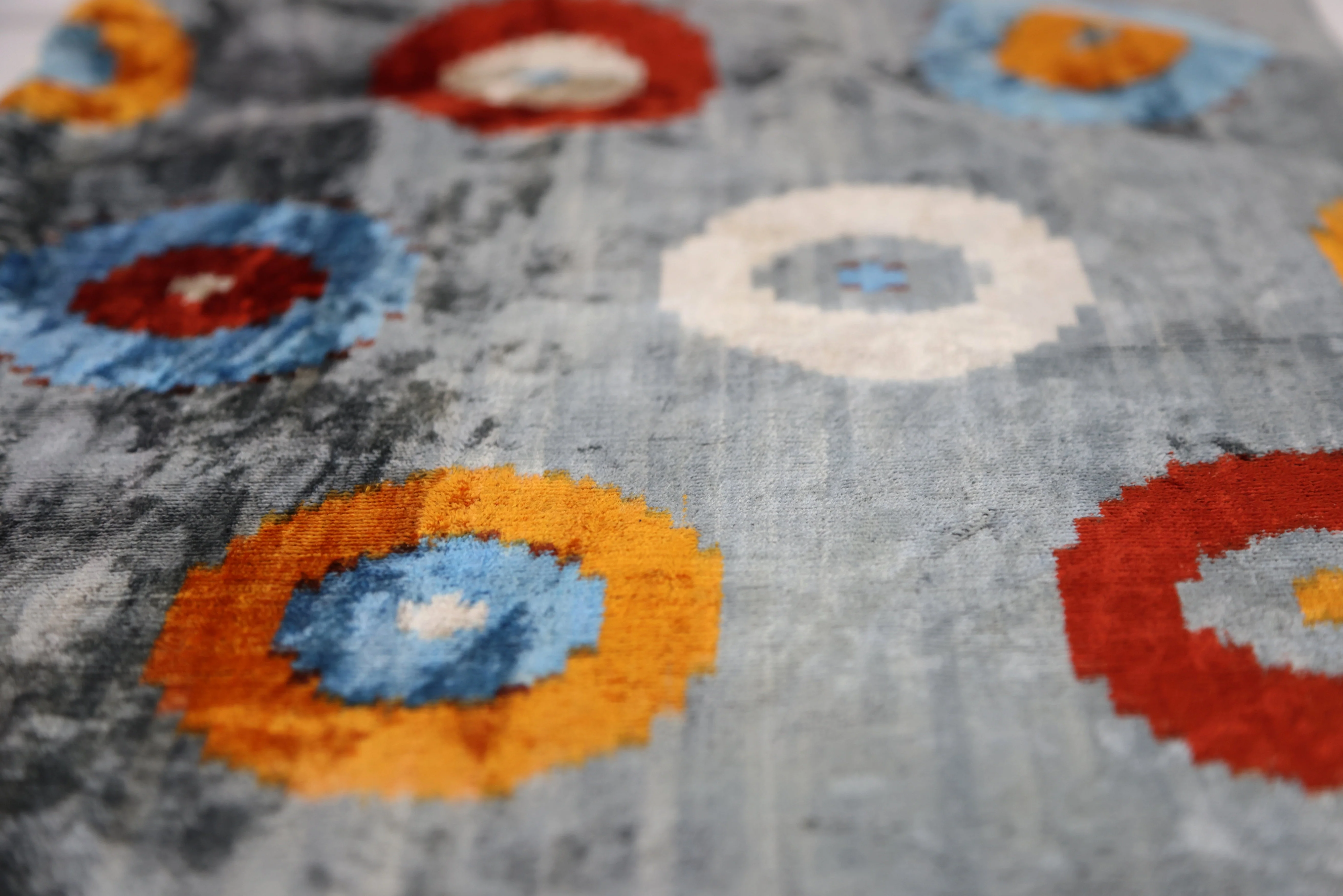 Handmade Velvet Circle Pillow – 16x24" Gray Blue & Orange Silk Cushion - Image 3