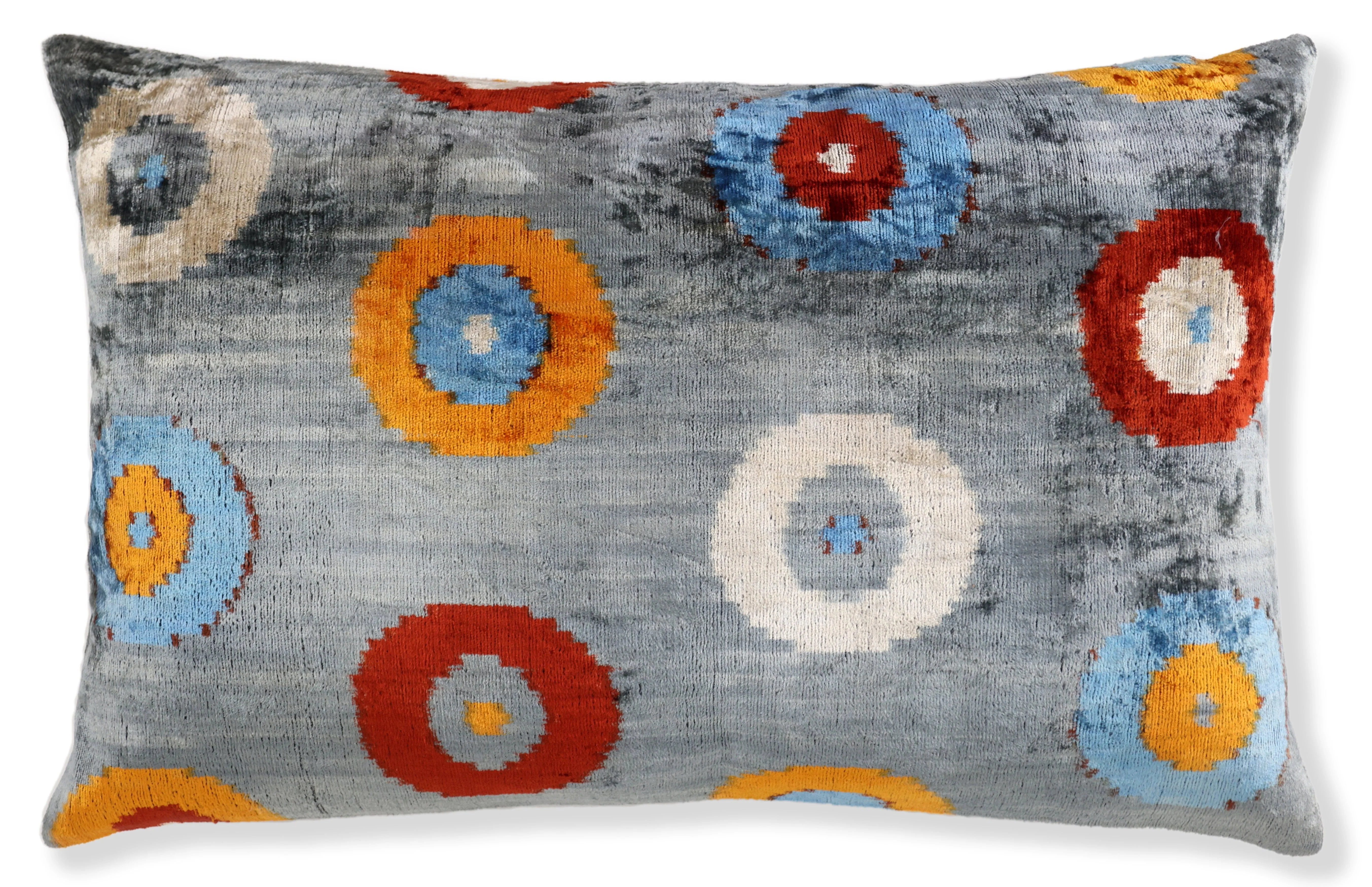 Handmade Velvet Circle Pillow – 16x24" Gray Blue & Orange Silk Cushion - Image 5