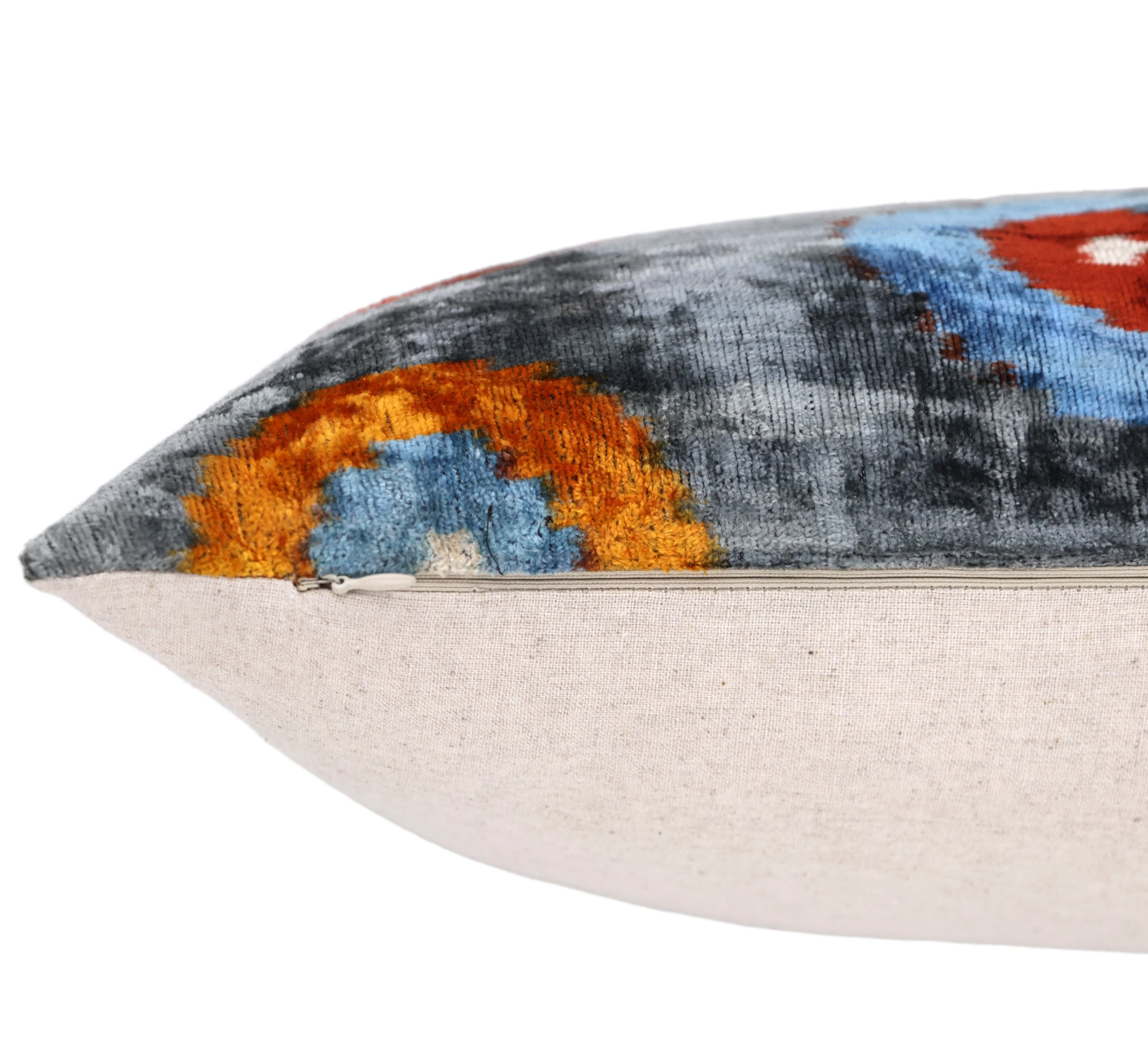 Handmade Velvet Circle Pillow – 16x24" Gray Blue & Orange Silk Cushion - Image 6