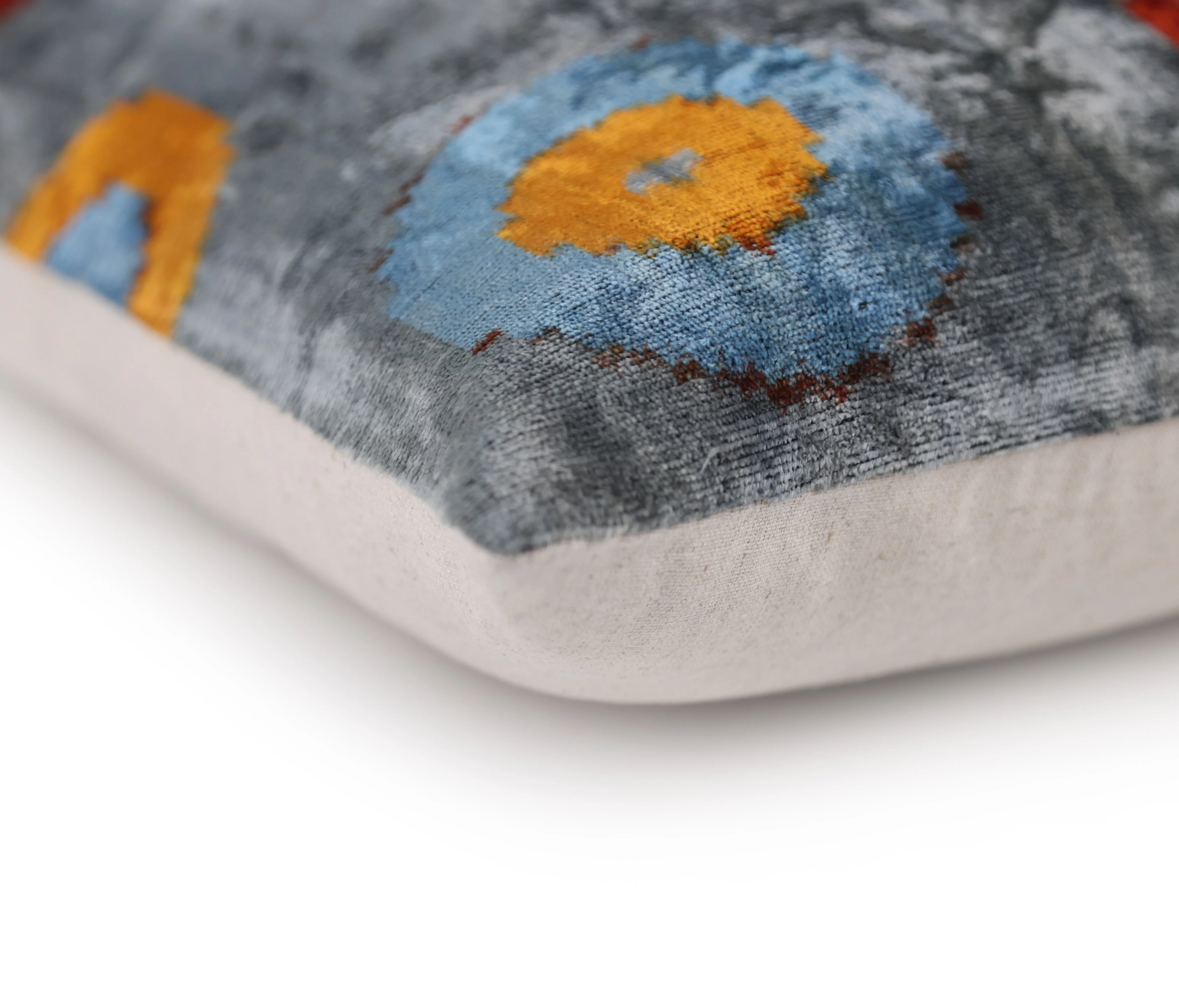 Handmade Velvet Circle Pillow – 16x24" Gray Blue & Orange Silk Cushion - Image 8