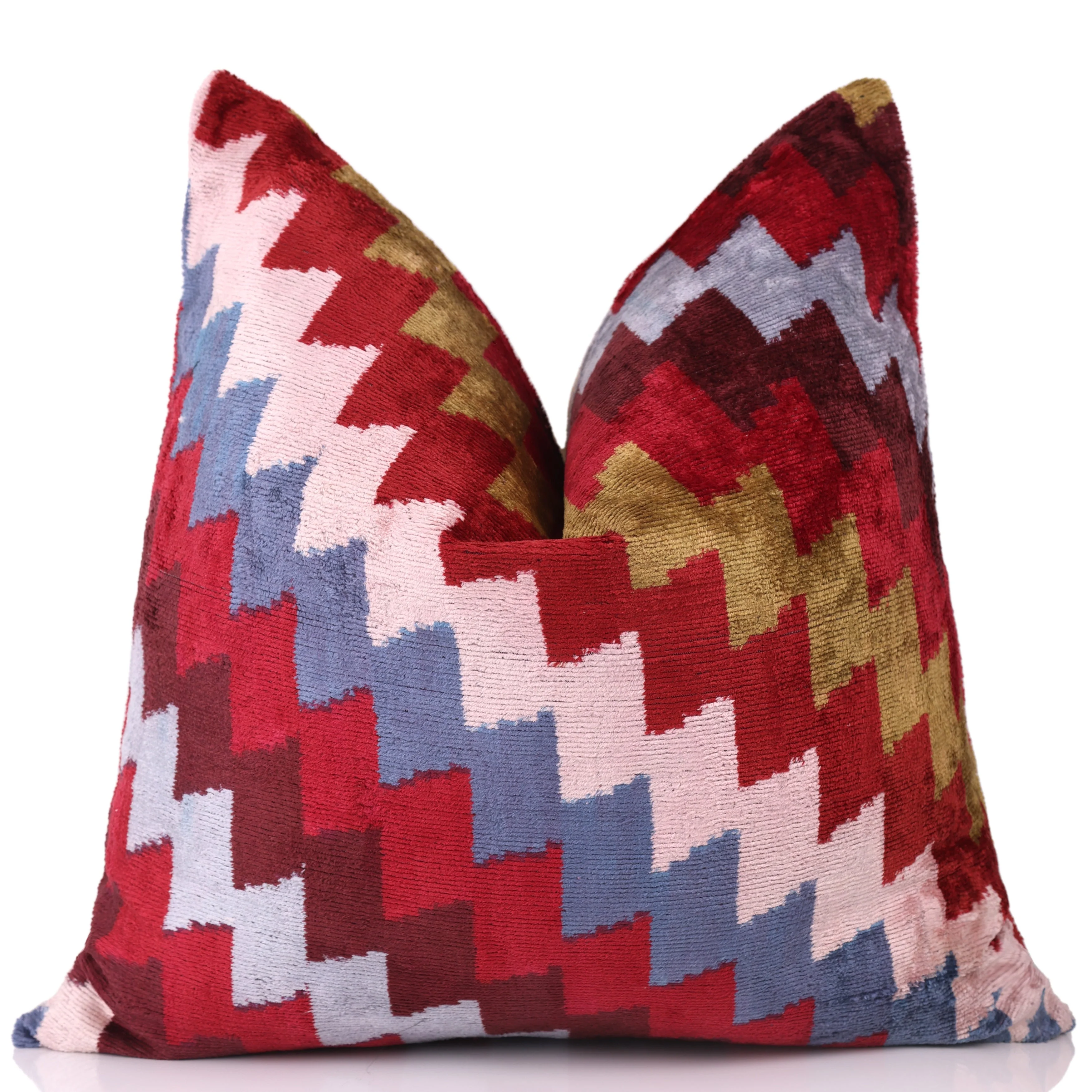 Handmade Velvet Houndstooth Pillow – 20x20" Red & Gold Silk Cushion - Image 5