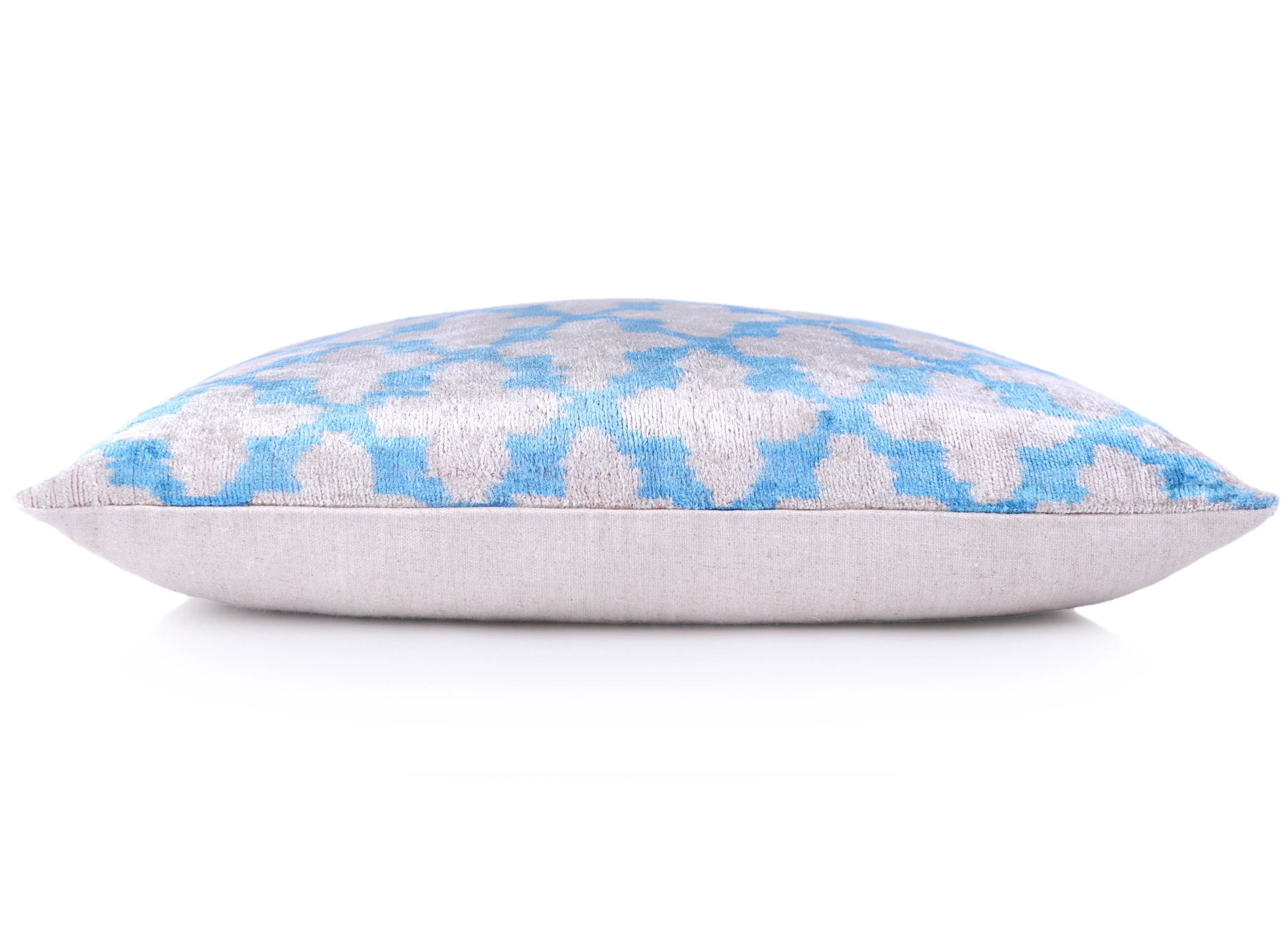 Handmade Velvet Ikat Throw Pillow – Sky Blue & Sand (16x24) - Image 3