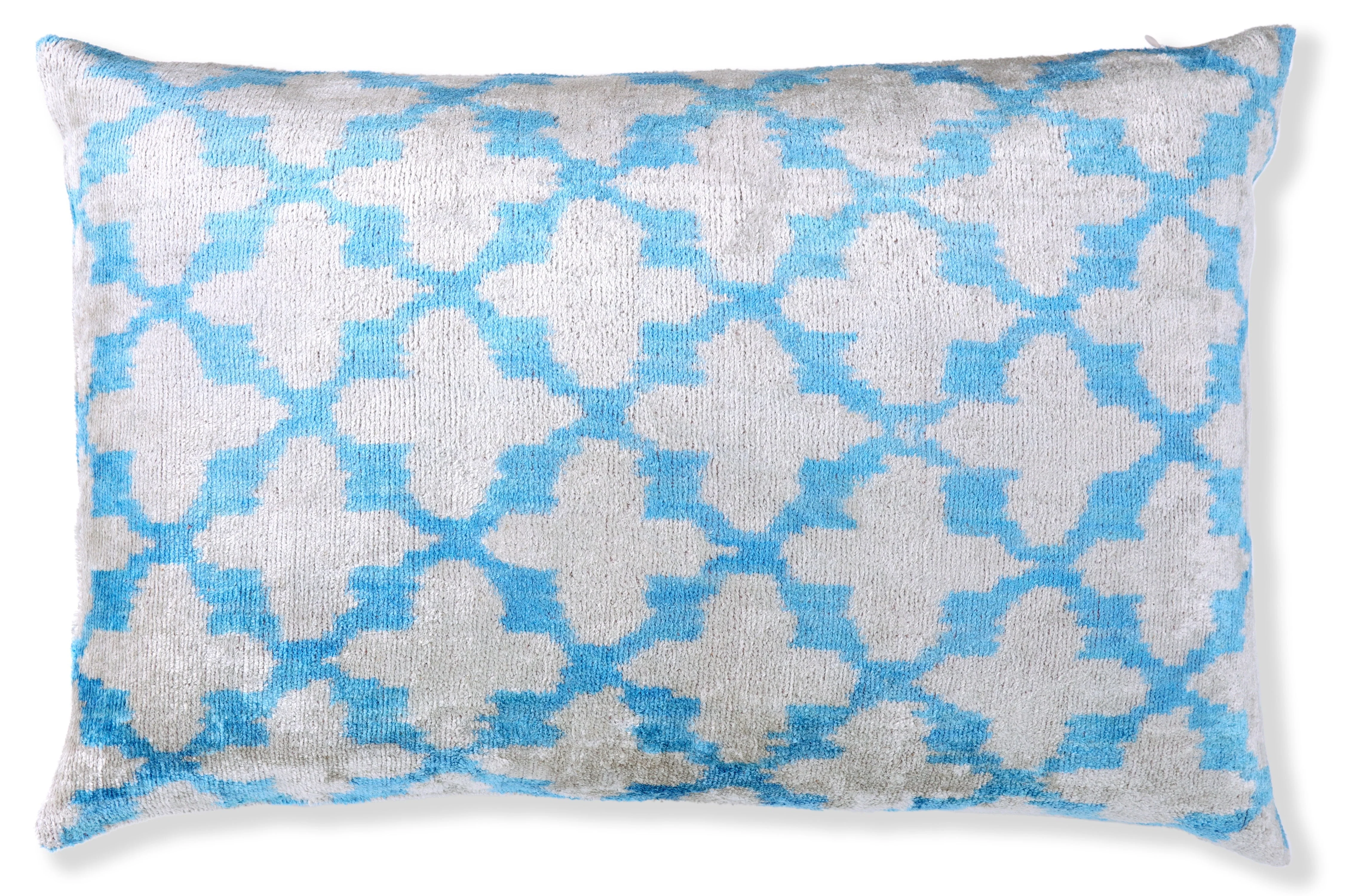 Handmade Velvet Ikat Throw Pillow – Sky Blue & Sand (16x24) - Image 4