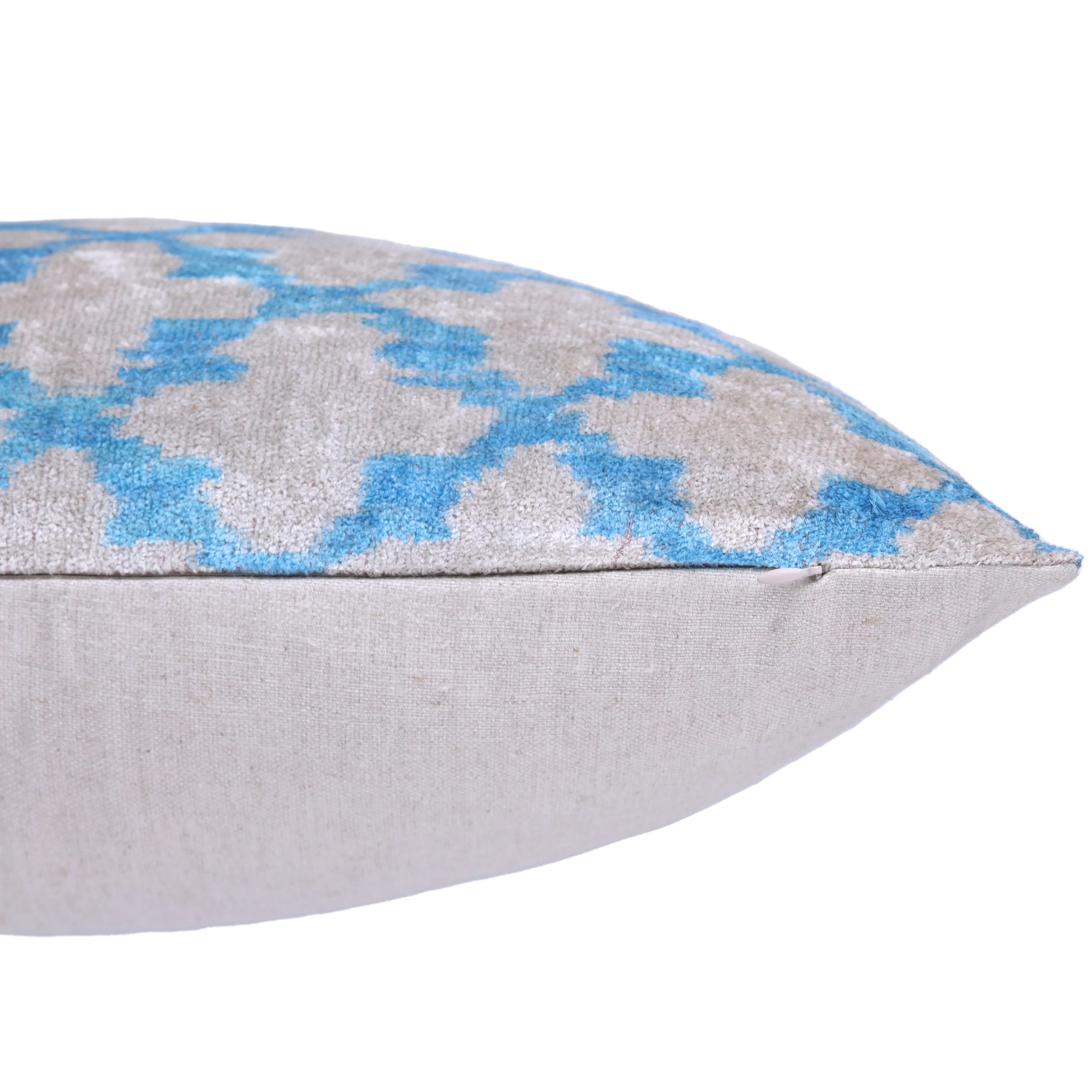 Handmade Velvet Ikat Throw Pillow – Sky Blue & Sand (16x24) - Image 5