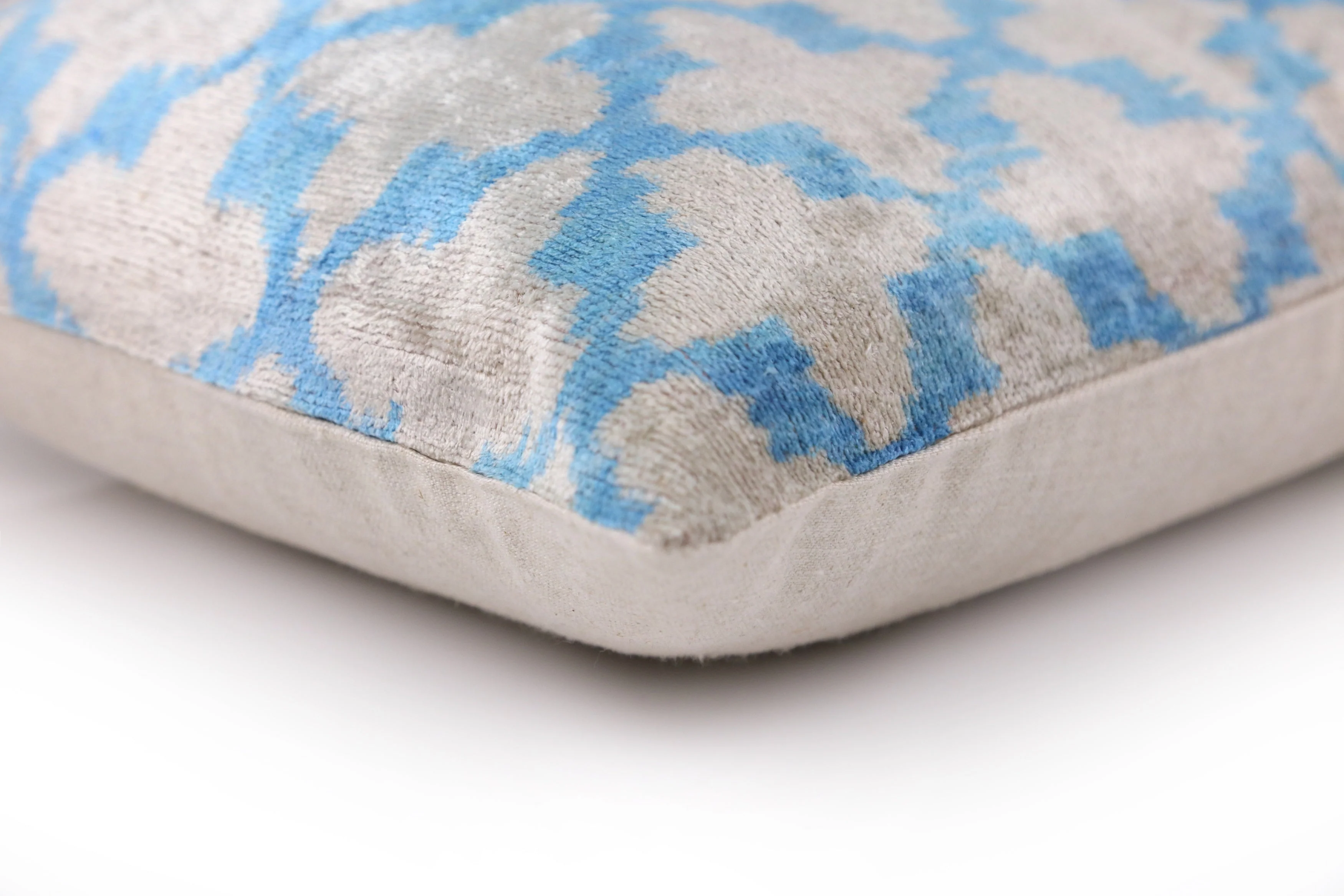 Handmade Velvet Ikat Throw Pillow – Sky Blue & Sand (16x24) - Image 8