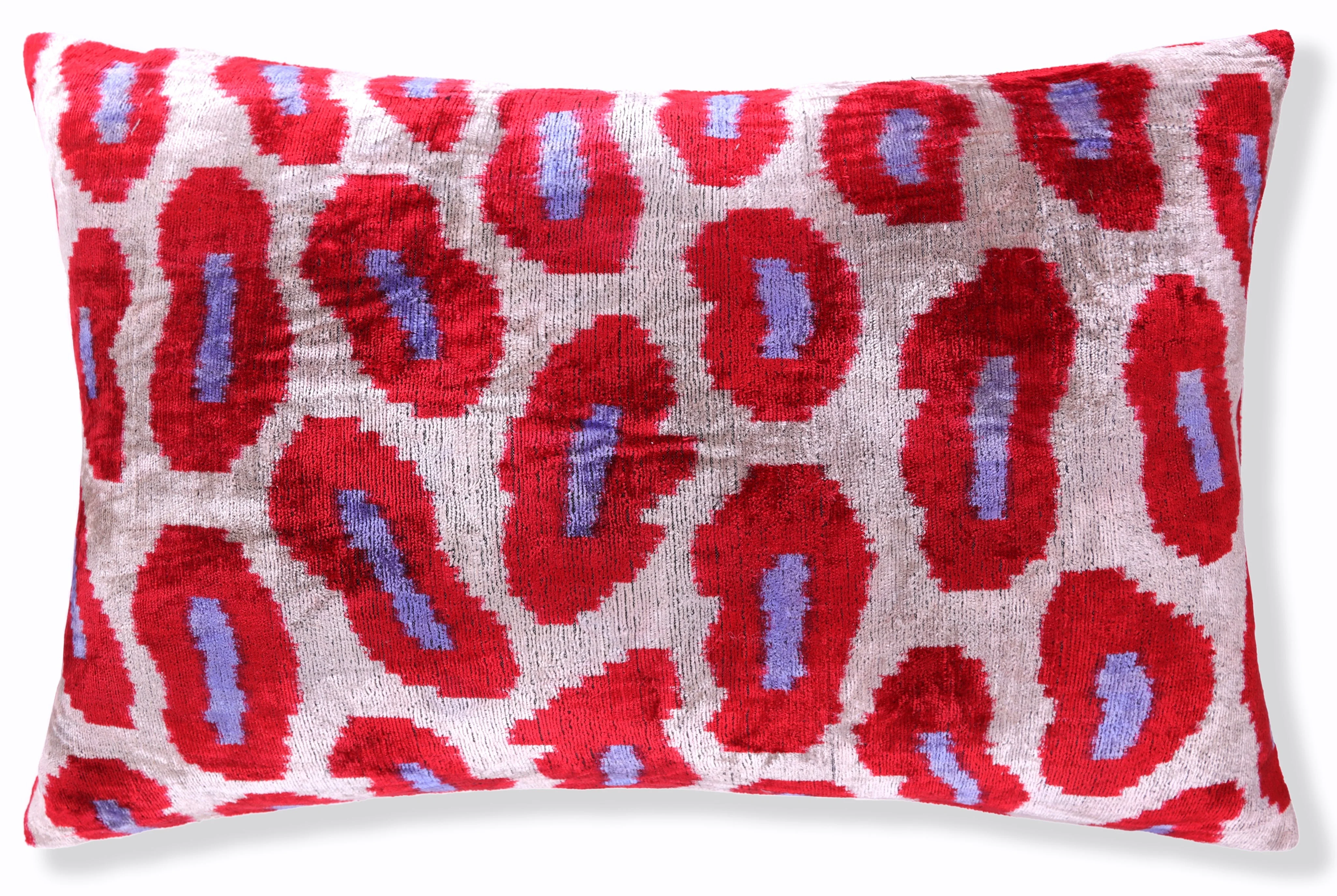 Handmade Velvet Pillow – Red & Lilac Oval Pattern, 16x24" - Image 4
