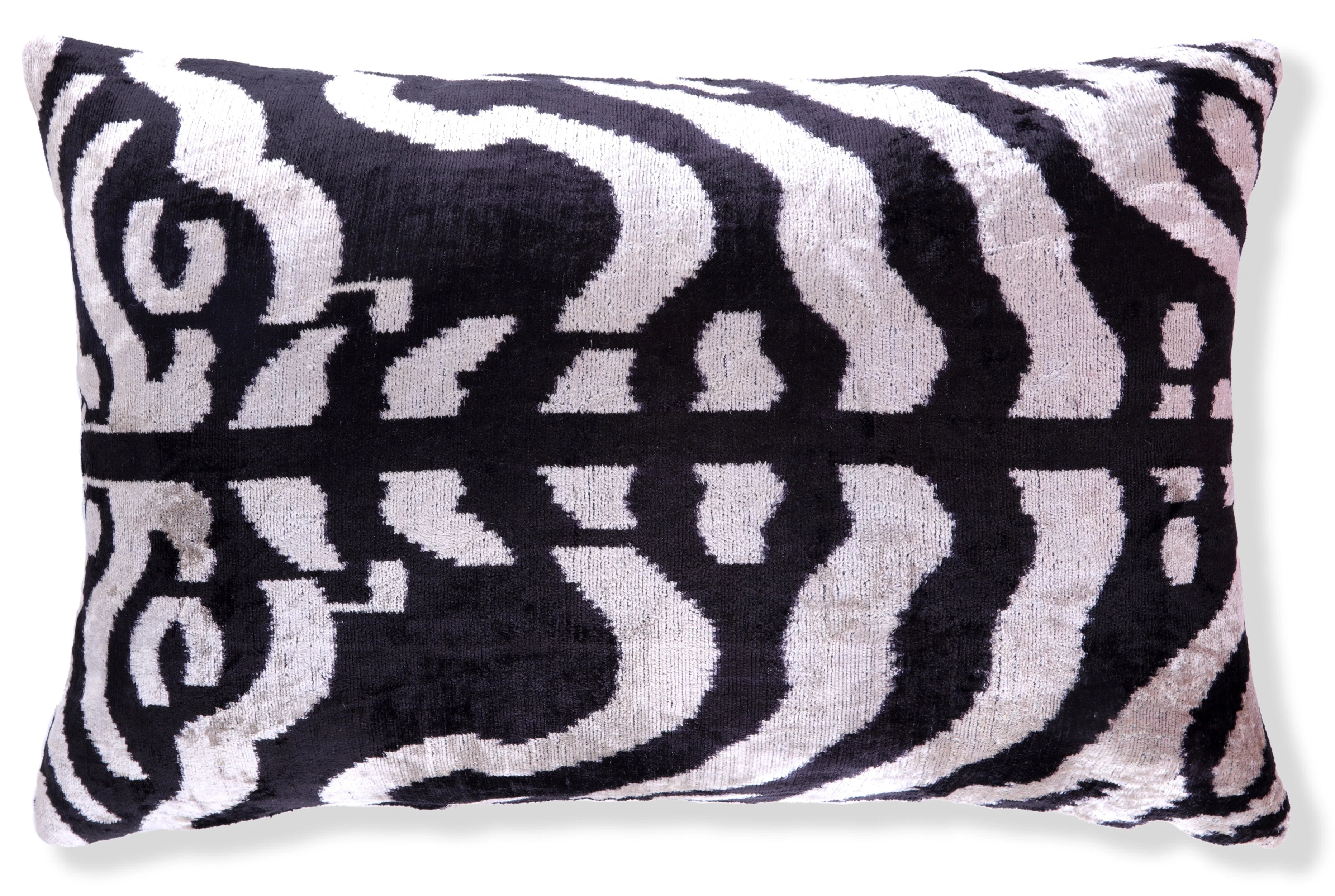 Handmade Velvet Pillow with insert – Black & White Abstract Ikat, 16x24"