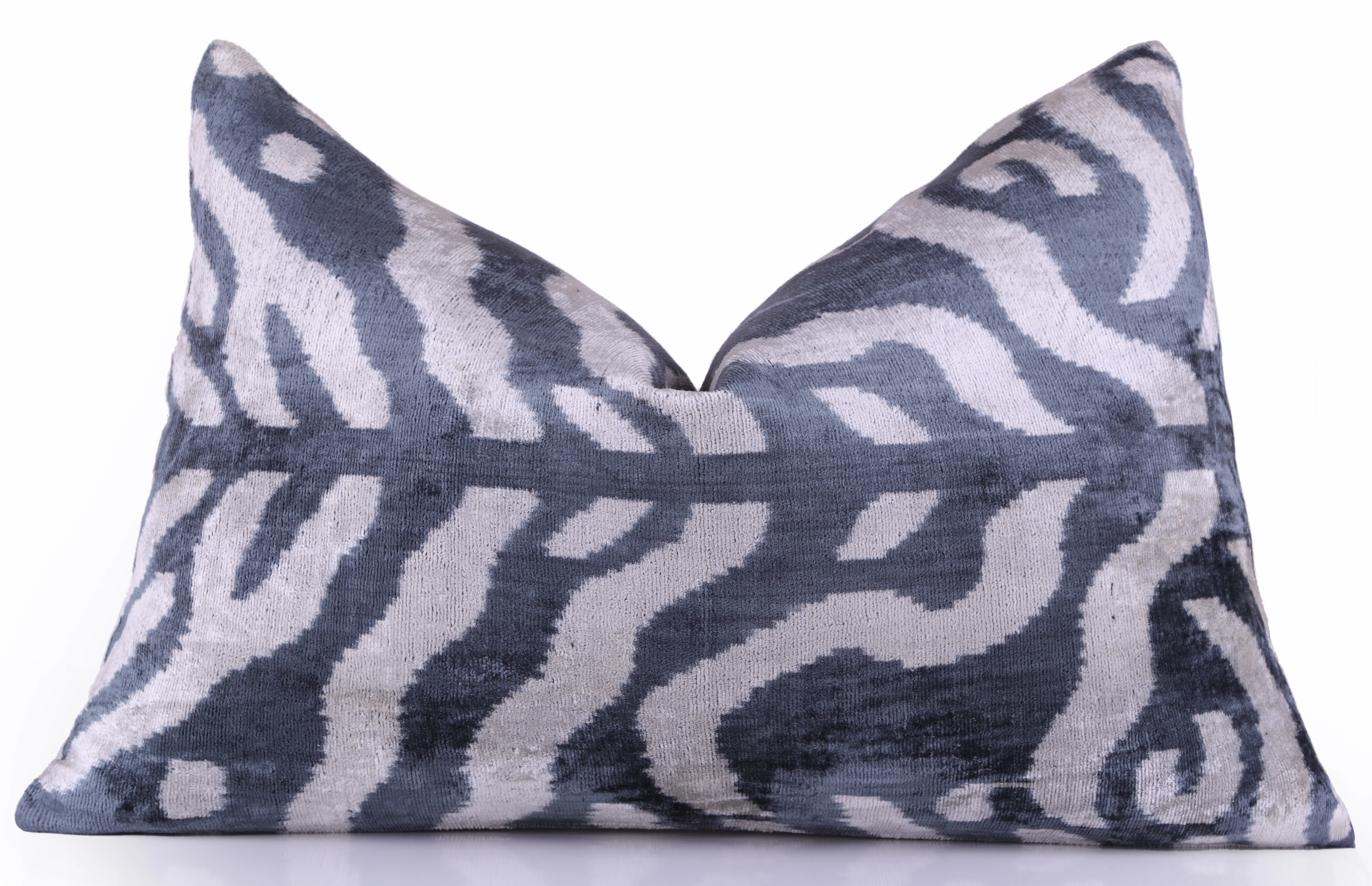 Handmade Velvet Pillow with insert – Blue-Gray Abstract Ikat, 16x24"