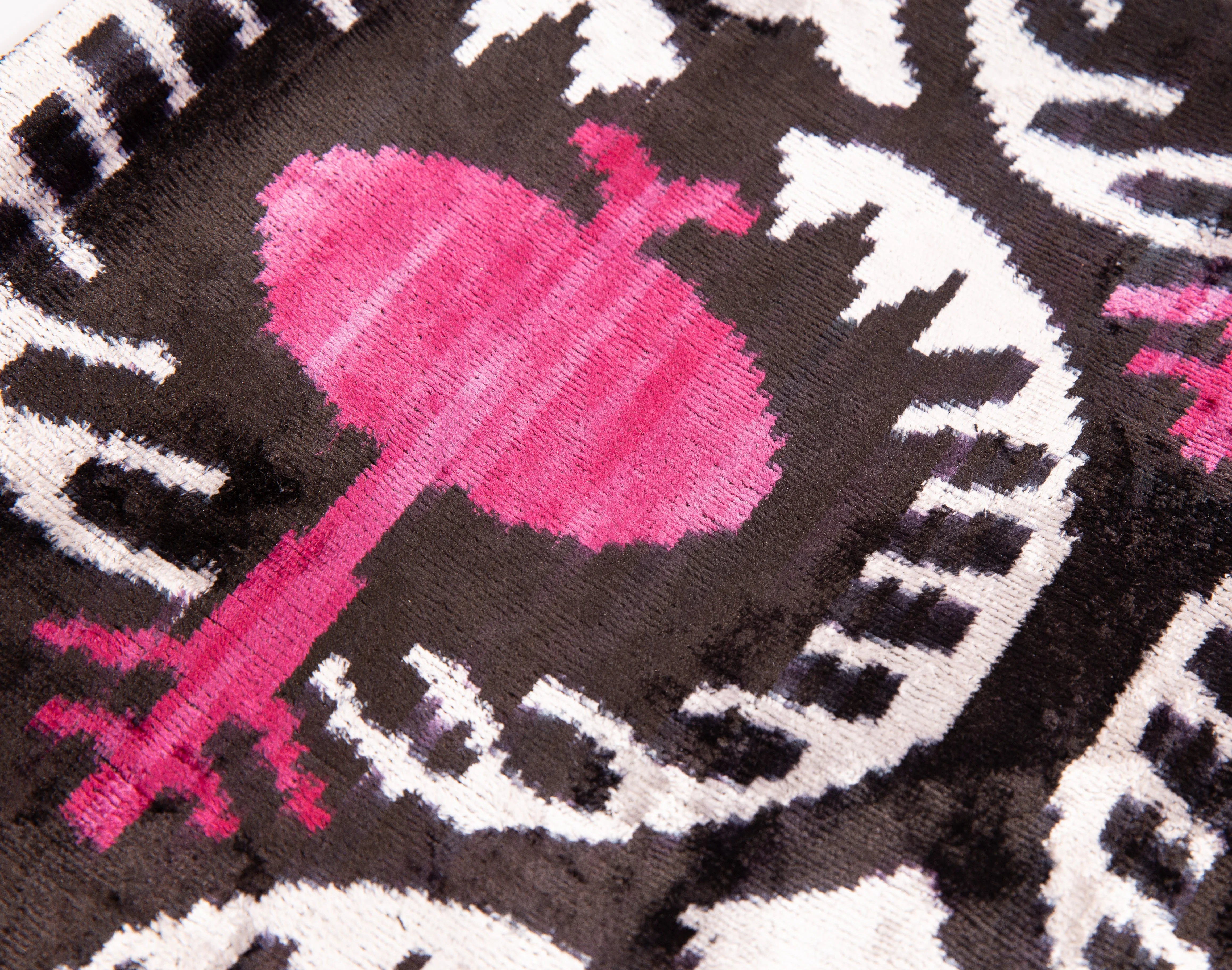 Handmade Velvet Silk Throw Pillow - Black and Magenta Ikat Design, 20x20 in - Image 2