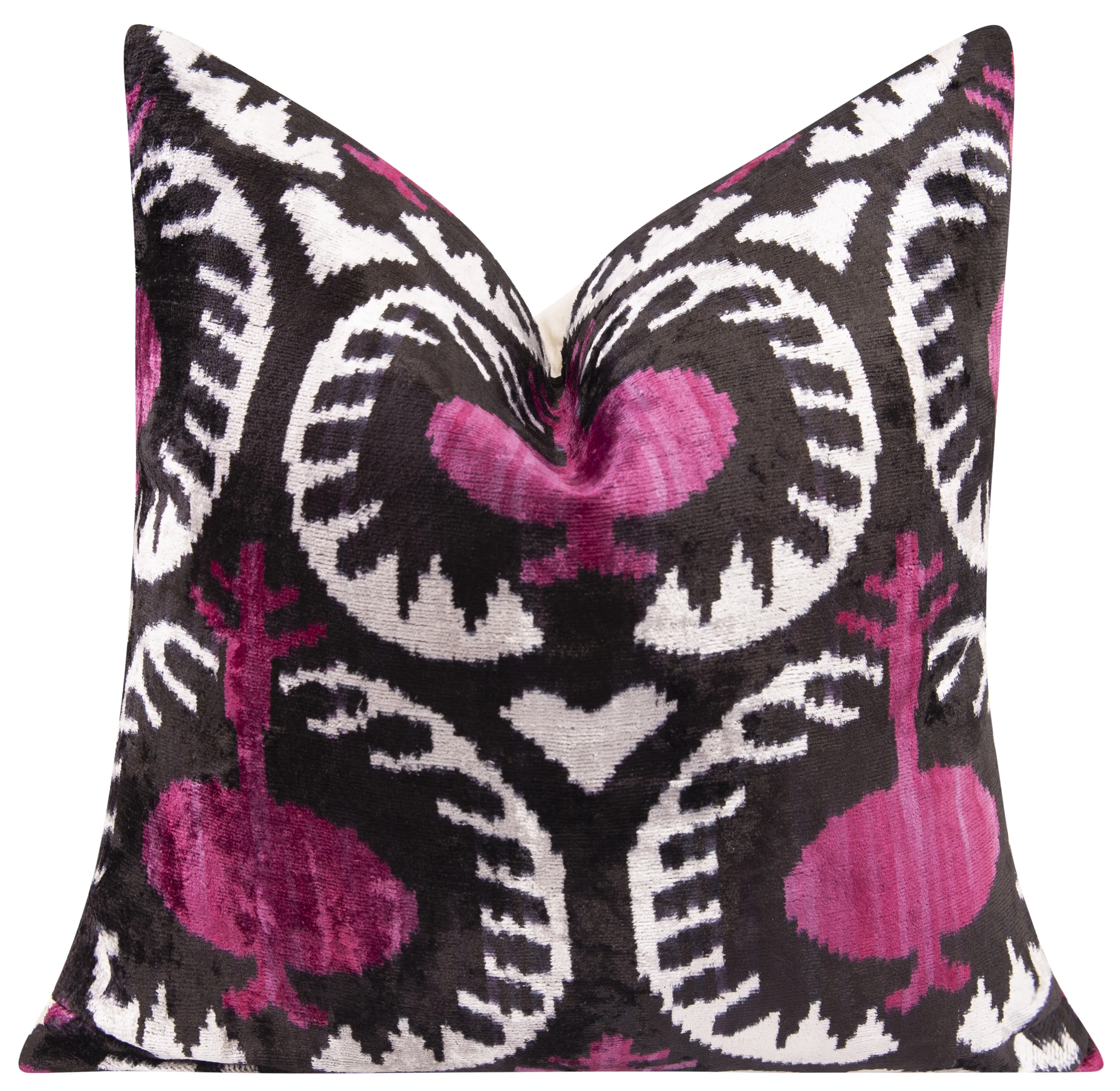 Handmade Velvet Silk Throw Pillow - Black and Magenta Ikat Design, 20x20 in - Image 3