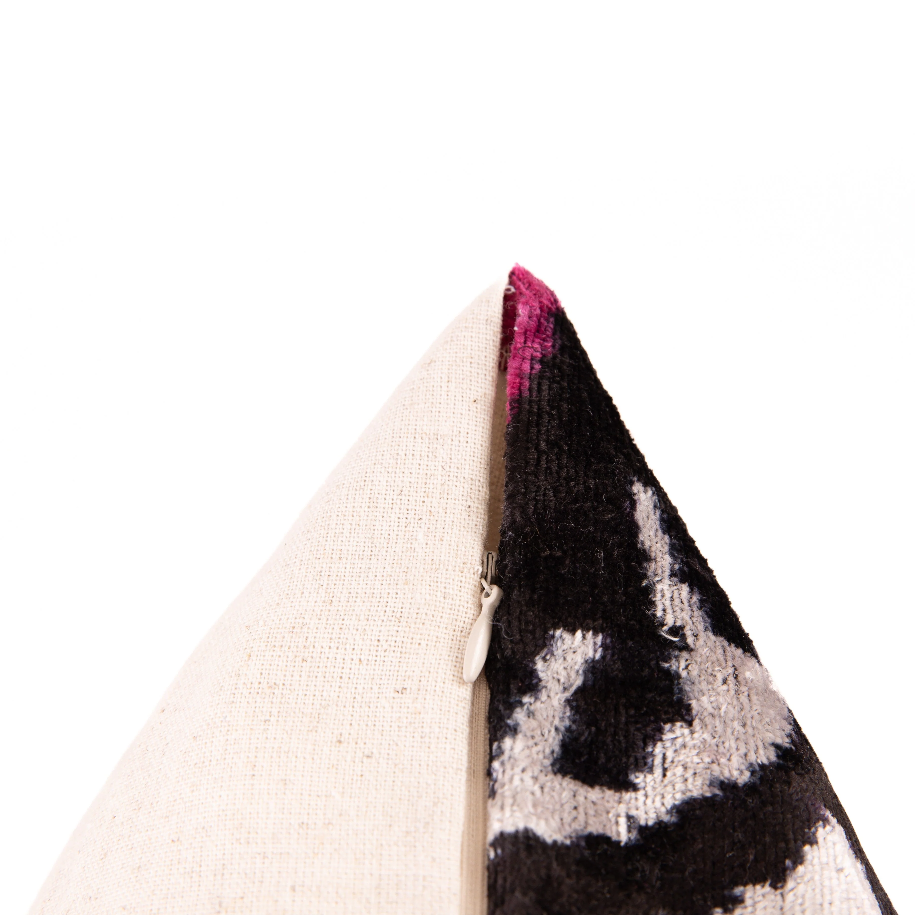 Handmade Velvet Silk Throw Pillow - Black and Magenta Ikat Design, 20x20 in - Image 5