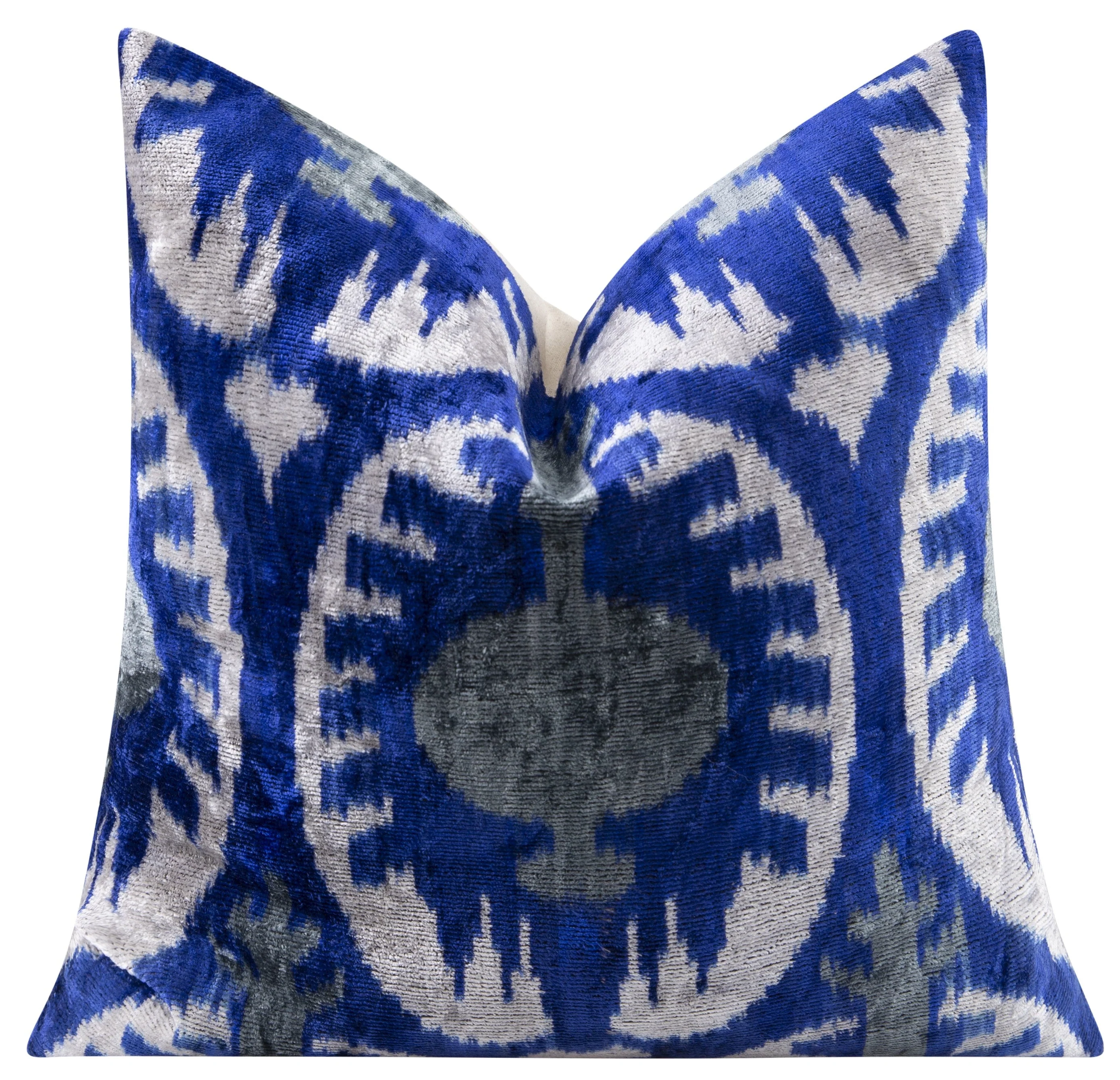 Handmade Velvet Throw Pillow - 16x16 Inches, Naturally Vegetable-Dyed, Premium Down Feather Insert - Blue and Gray Ikat Pattern, Luxury Home Decor Accent - Image 3