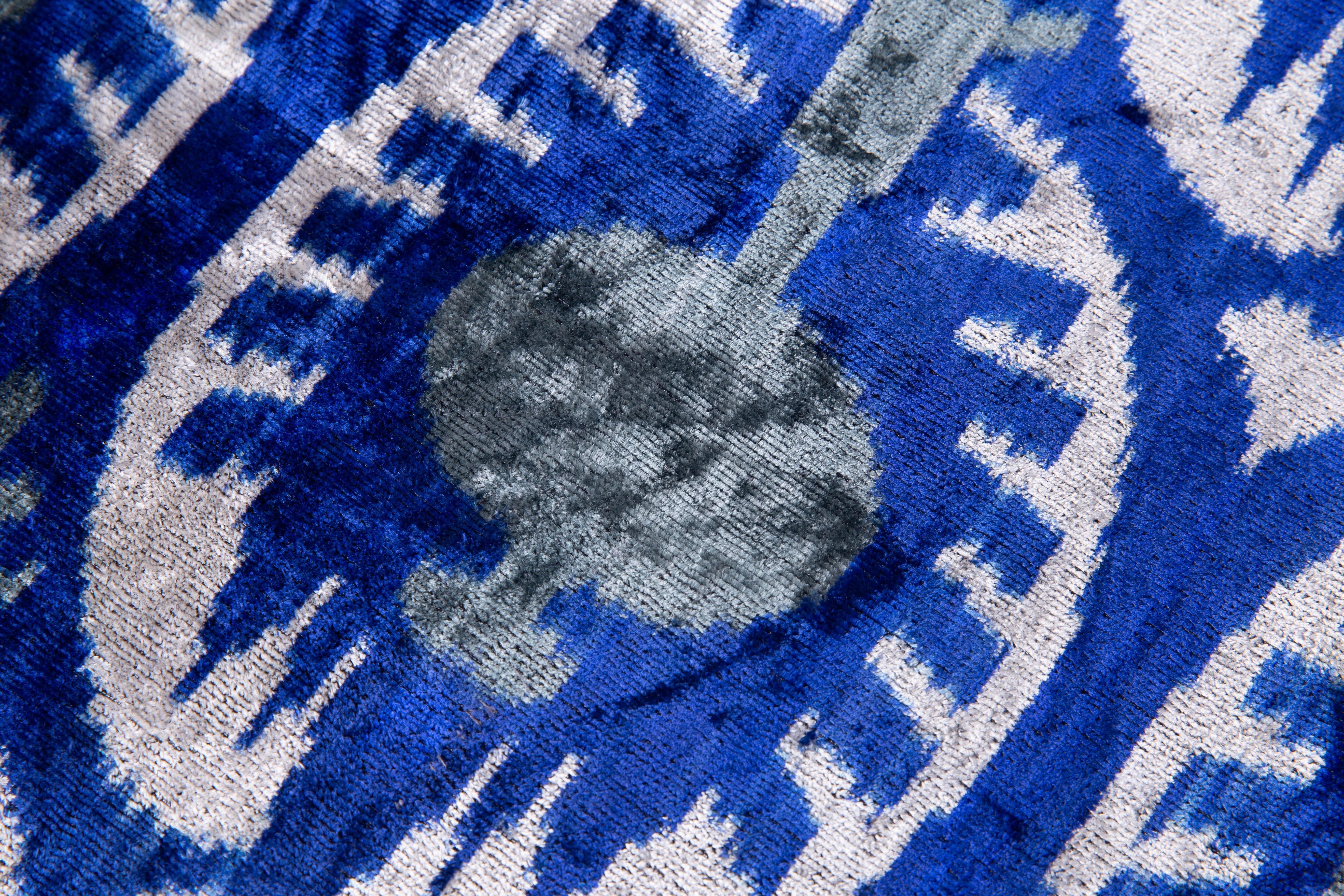 Handmade Velvet Throw Pillow - 16x16 Inches, Naturally Vegetable-Dyed, Premium Down Feather Insert - Blue and Gray Ikat Pattern, Luxury Home Decor Accent - Image 4