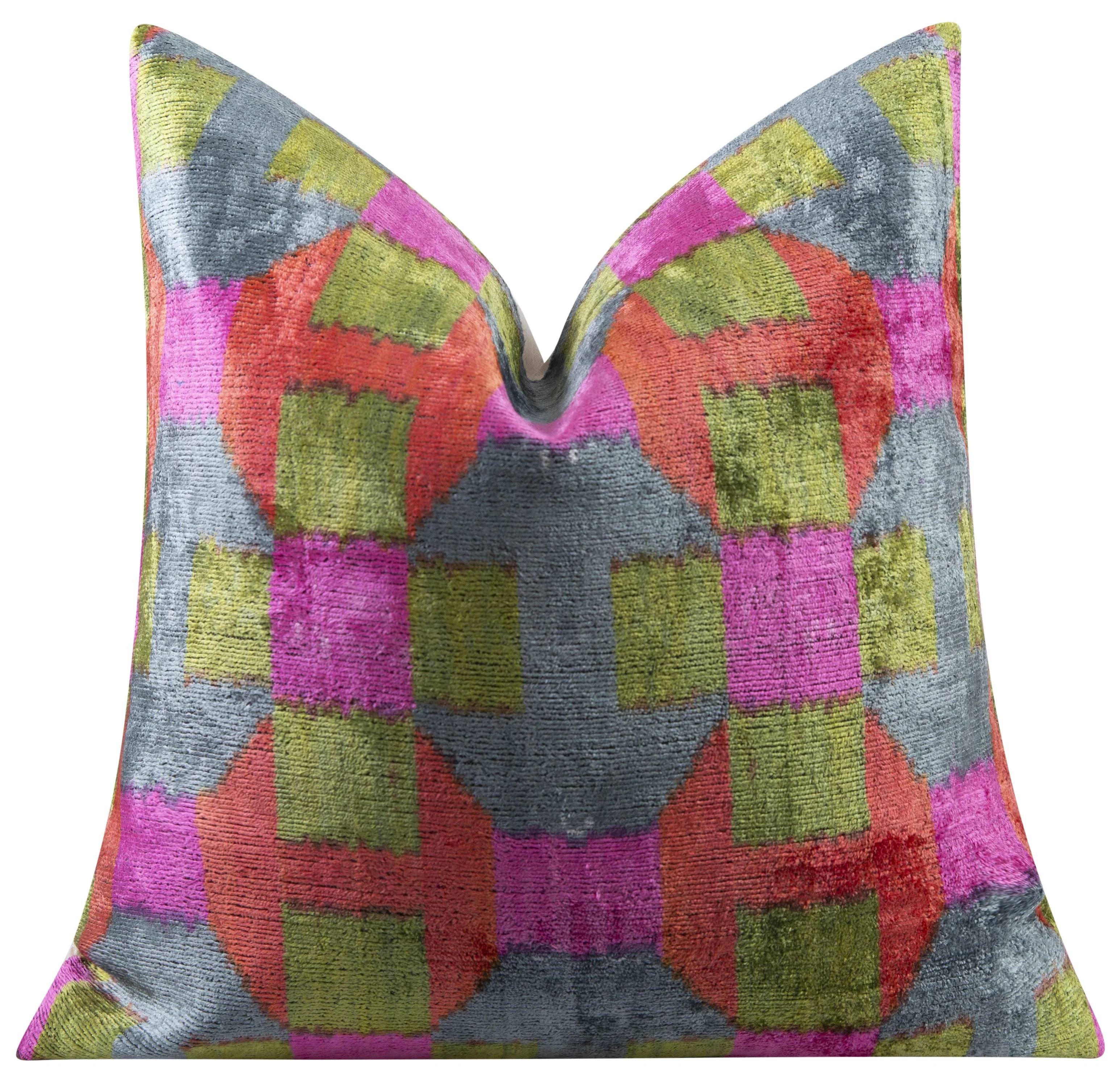 Handmade Velvet Throw Pillow - 16x16 Inches, Naturally Vegetable-Dyed, Premium Down Feather Insert - Multicolor Geometric Checkered Design, Luxury Home Decor Accent - Image 3