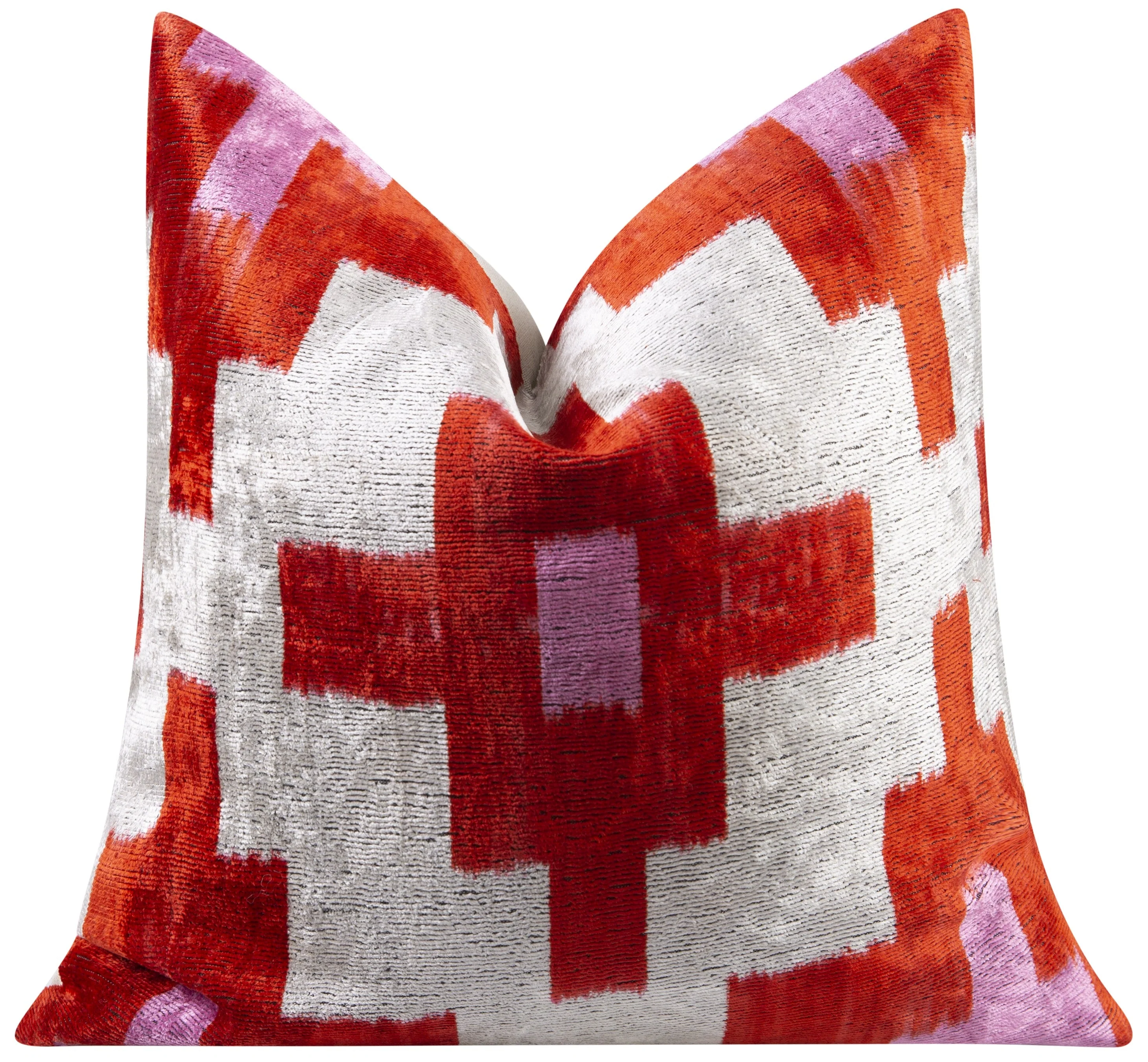 Handmade Velvet Throw Pillow - 16x16 Inches, Naturally Vegetable-Dyed, Premium Down Feather Insert - Red, Pink, and Beige Geometric Cross Design, Luxury Home Decor Accent - Image 3