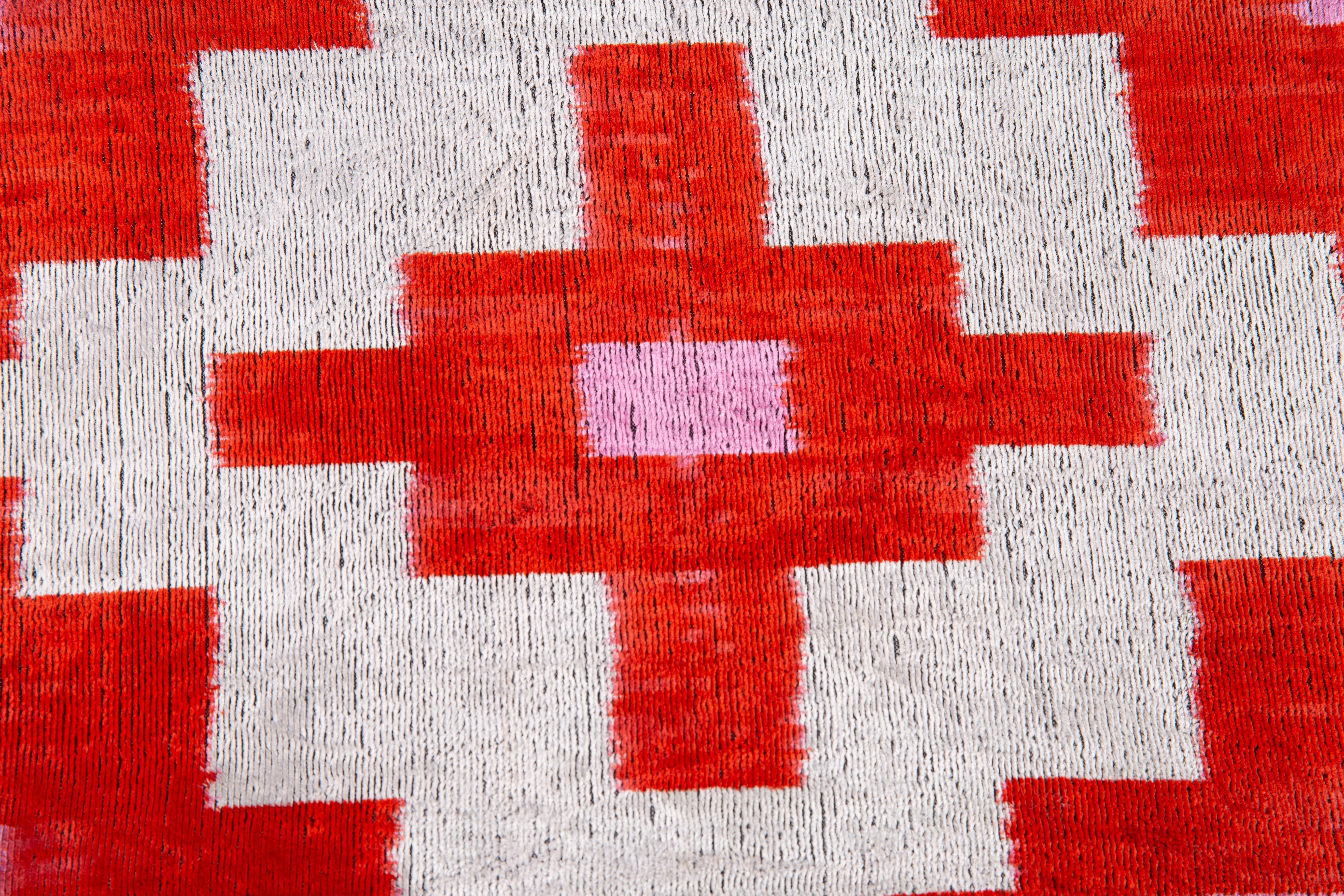 Handmade Velvet Throw Pillow - 16x16 Inches, Naturally Vegetable-Dyed, Premium Down Feather Insert - Red, Pink, and Beige Geometric Cross Design, Luxury Home Decor Accent - Image 4