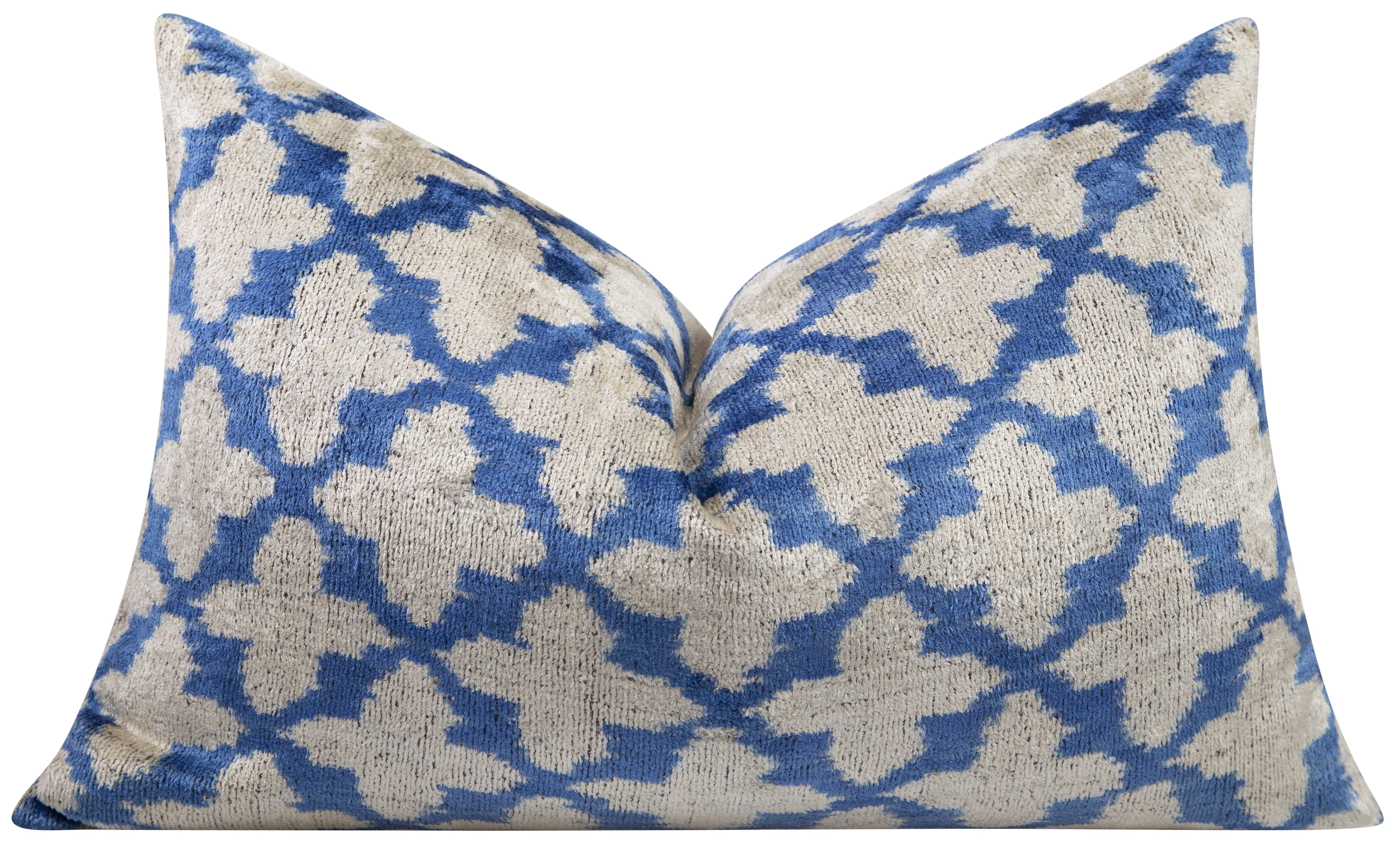 Handmade Velvet Throw Pillow - 16x24 Inches, Naturally Vegetable-Dyed, Premium Down Feather Insert - Blue and Beige Moroccan Trellis Design, Luxury Home Decor Accent - Image 3