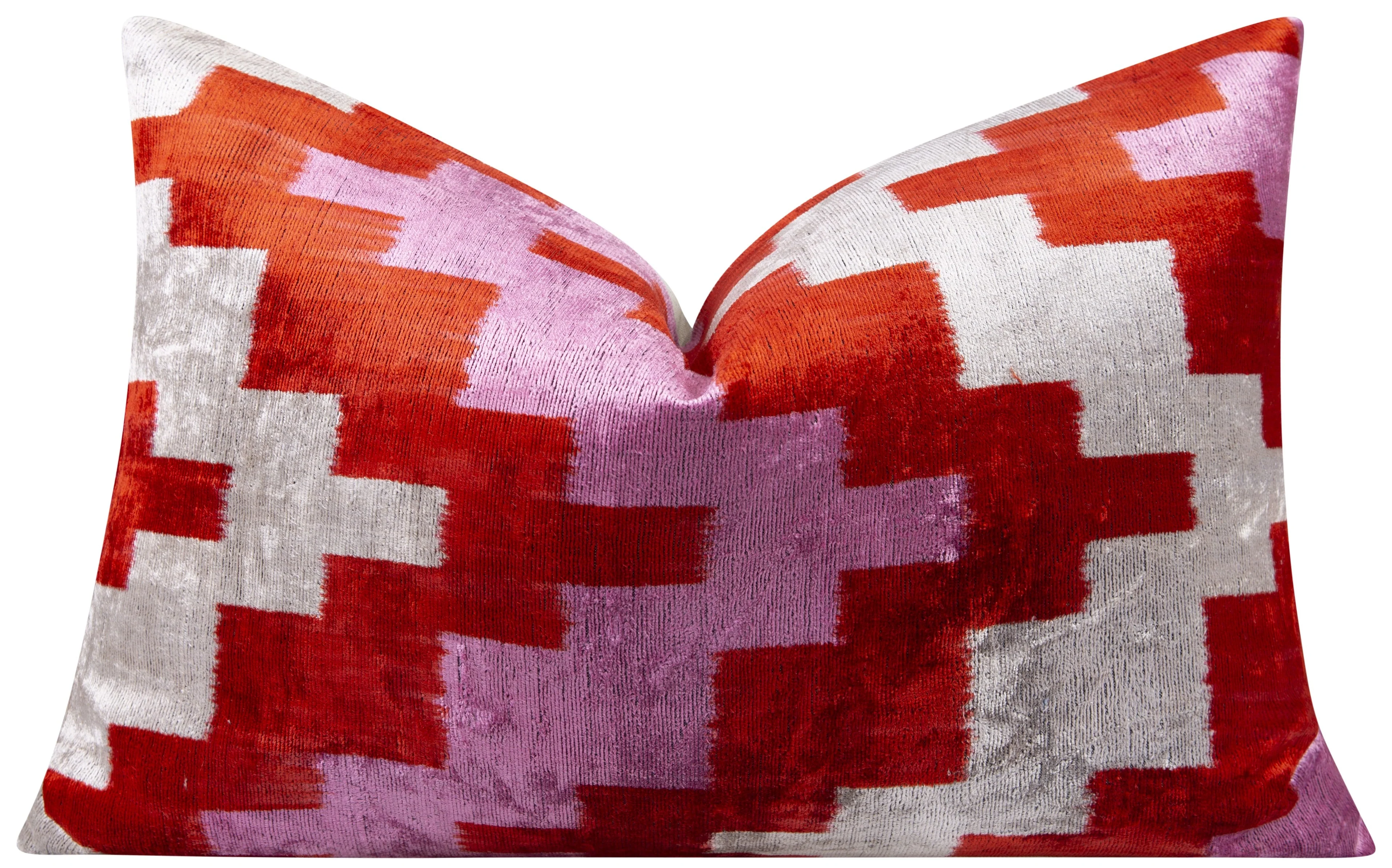 Handmade Velvet Throw Pillow - 16x24 Inches, Naturally Vegetable-Dyed, Premium Down Feather Insert - Red, Pink, and Beige Abstract Geometric Design, Luxury Home Decor Accent - Image 3