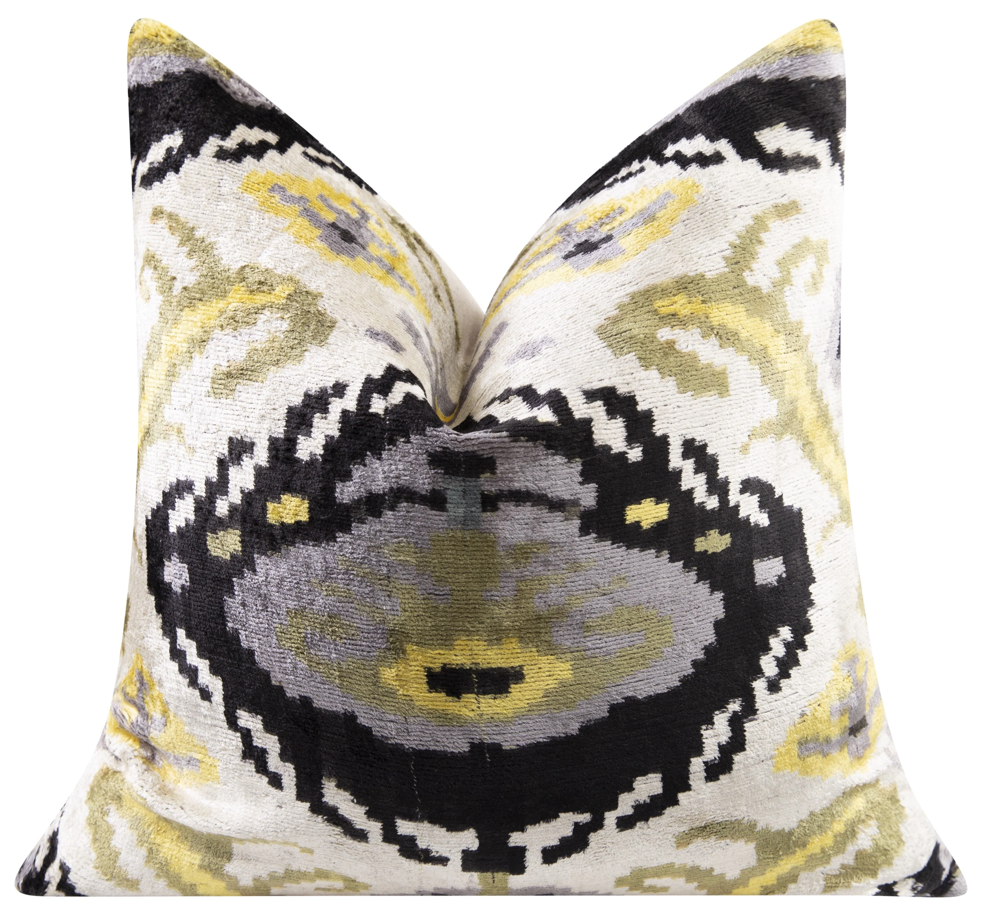 Handmade Velvet Throw Pillow - 20x20 Inches, Naturally Vegetable-Dyed, Premium Down Feather Insert - Black, Gold, and Gray Ikat Pattern, Luxury Home Decor Accent - Image 3