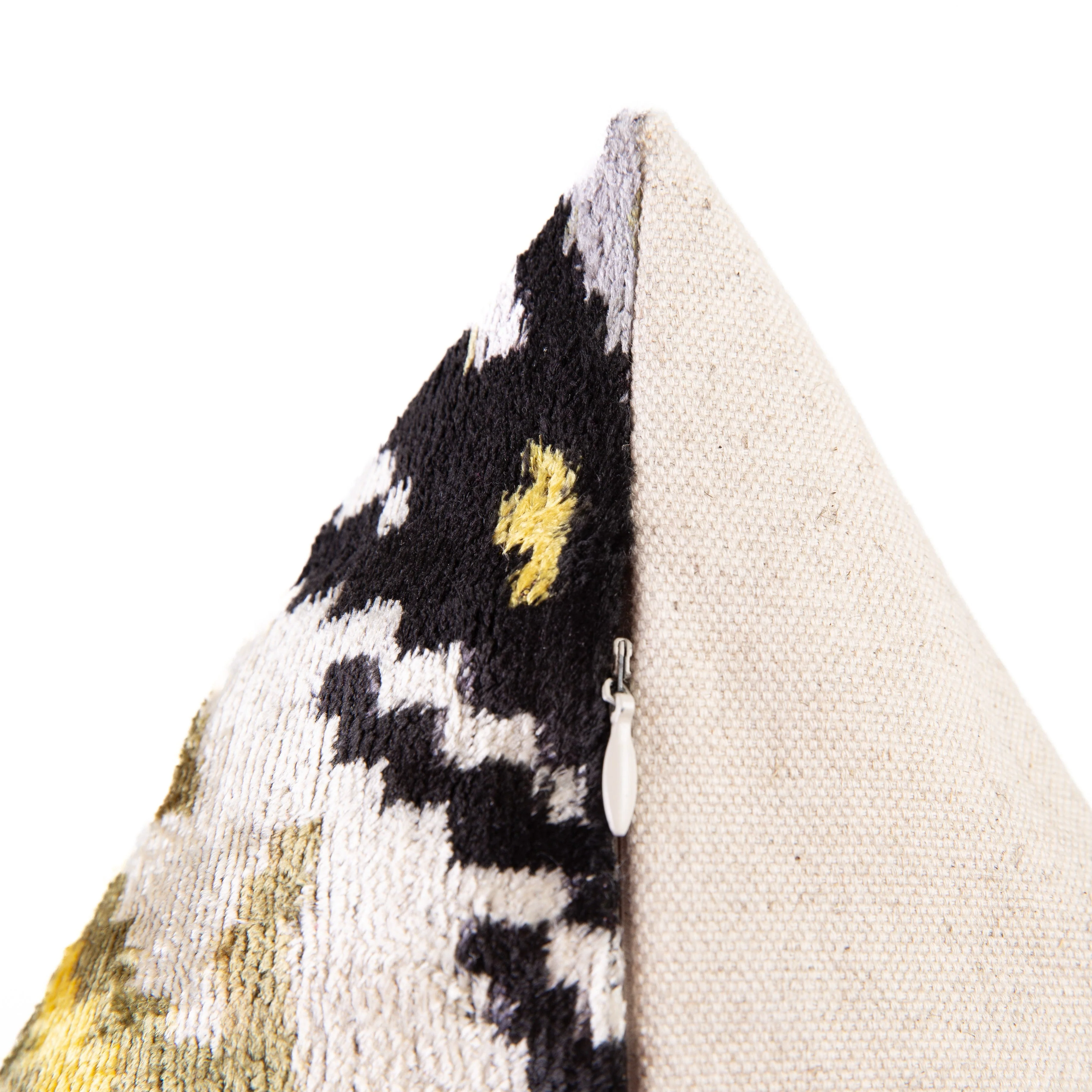 Handmade Velvet Throw Pillow - 20x20 Inches, Naturally Vegetable-Dyed, Premium Down Feather Insert - Black, Gold, and Gray Ikat Pattern, Luxury Home Decor Accent - Image 5