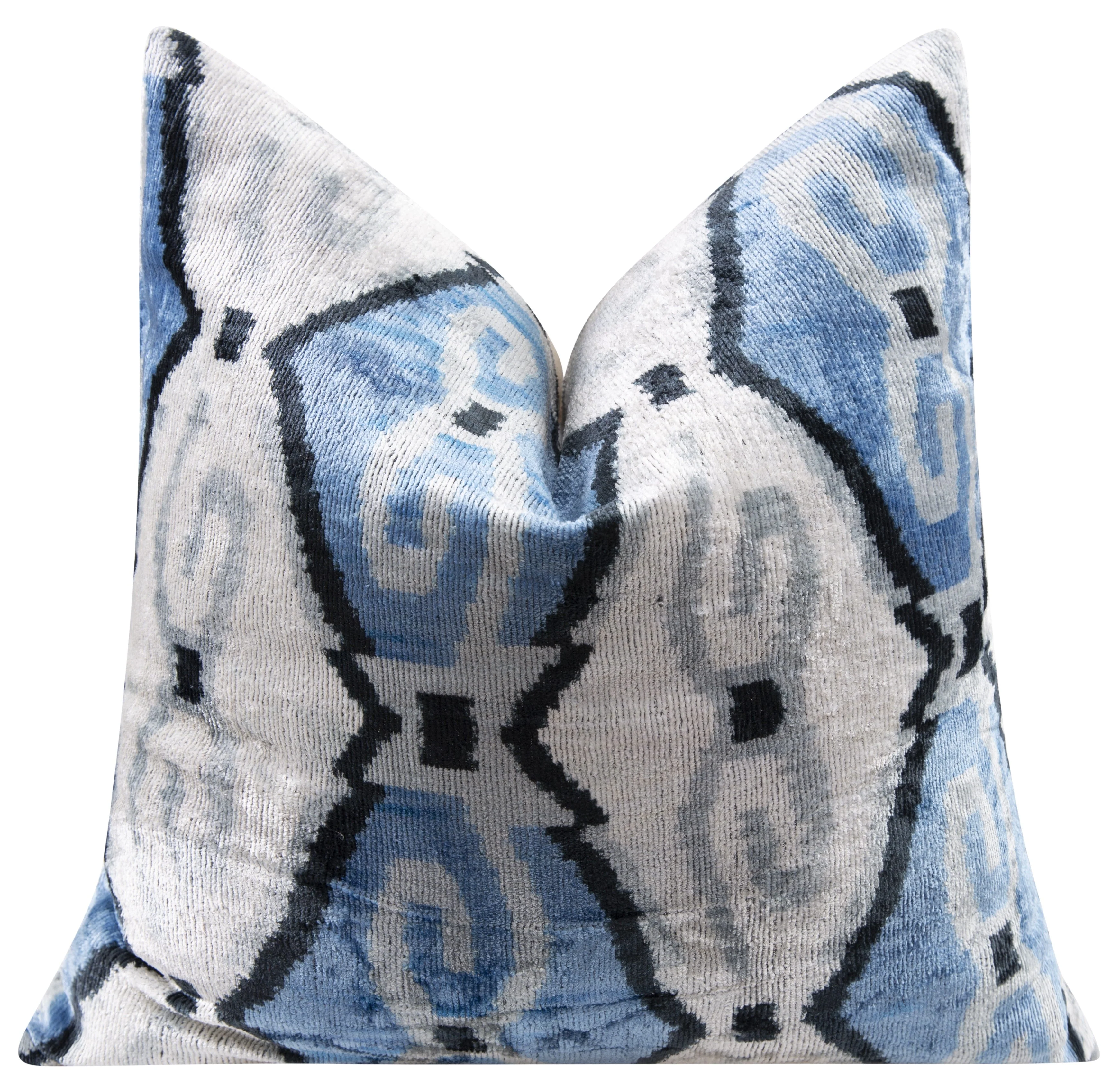 Handmade Velvet Throw Pillow - 20x20 Inches, Naturally Vegetable-Dyed, Premium Down Feather Insert - Blue, Black, and White Ikat Pattern, Luxury Home Decor Accent - Image 3