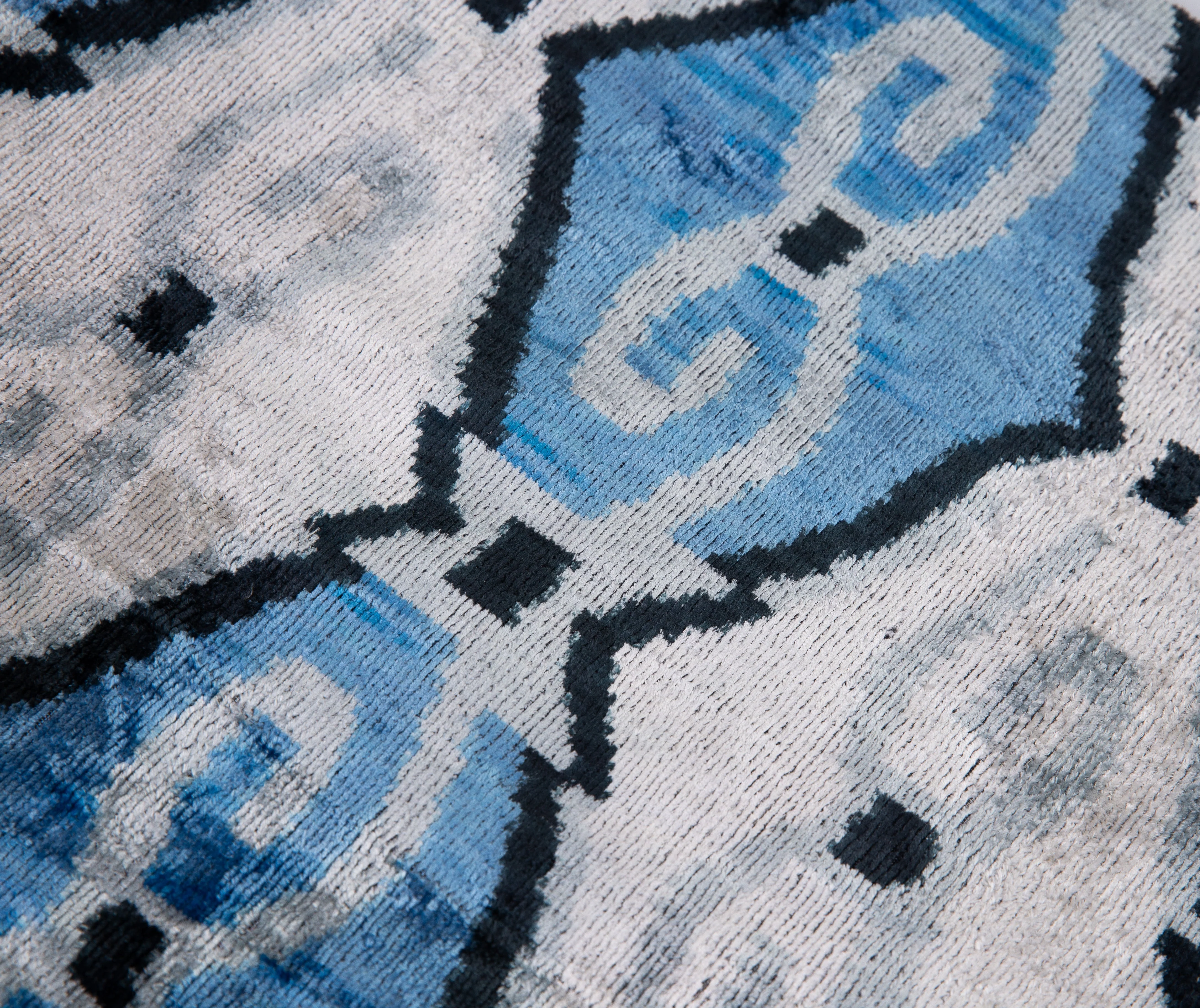 Handmade Velvet Throw Pillow - 20x20 Inches, Naturally Vegetable-Dyed, Premium Down Feather Insert - Blue, Black, and White Ikat Pattern, Luxury Home Decor Accent - Image 4