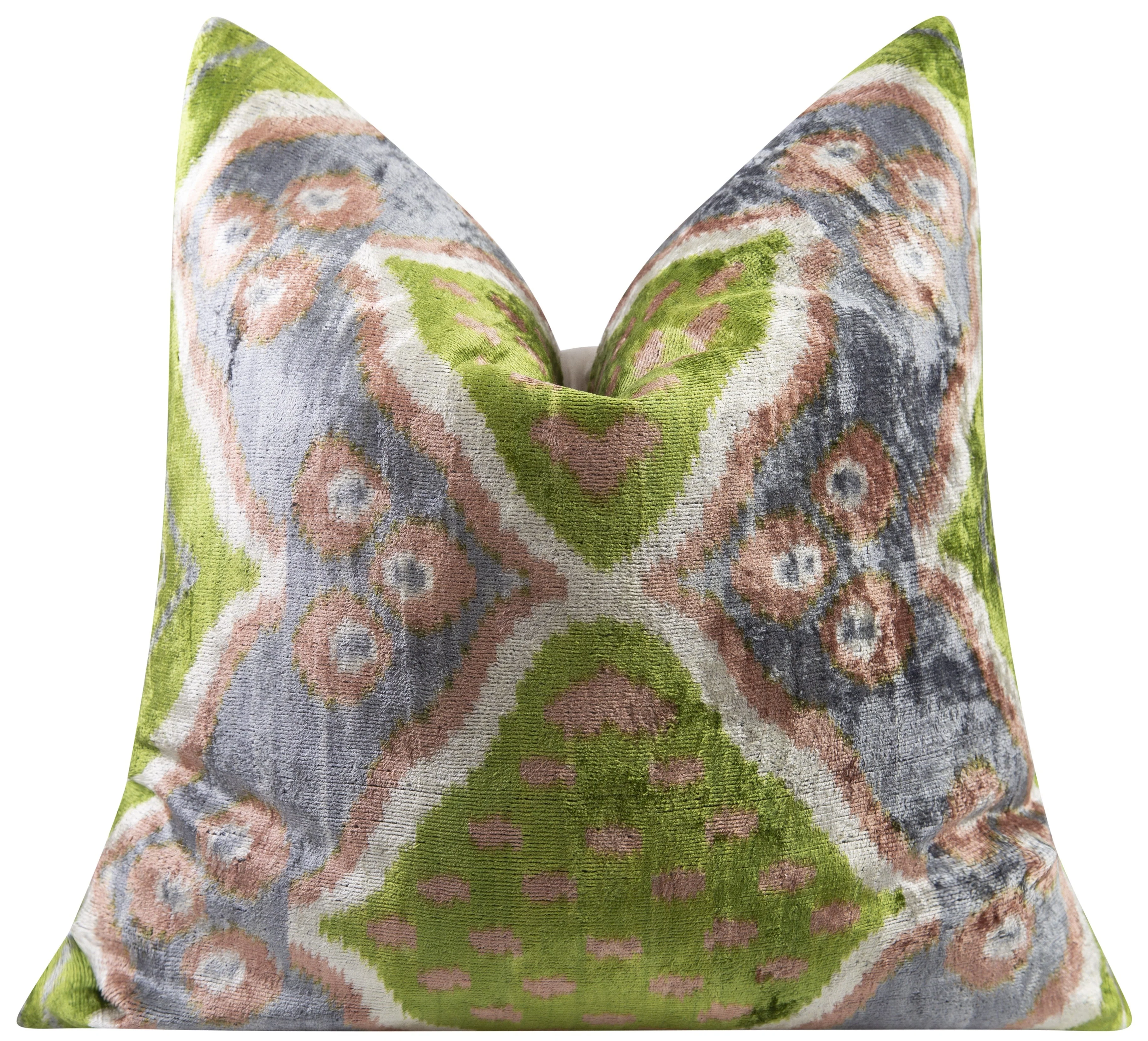 Handmade Velvet Throw Pillow - 20x20 Inches, Naturally Vegetable-Dyed, Premium Down Feather Insert - Green, Gray, and Beige Ikat Pattern, Luxury Home Decor Accent - Image 3