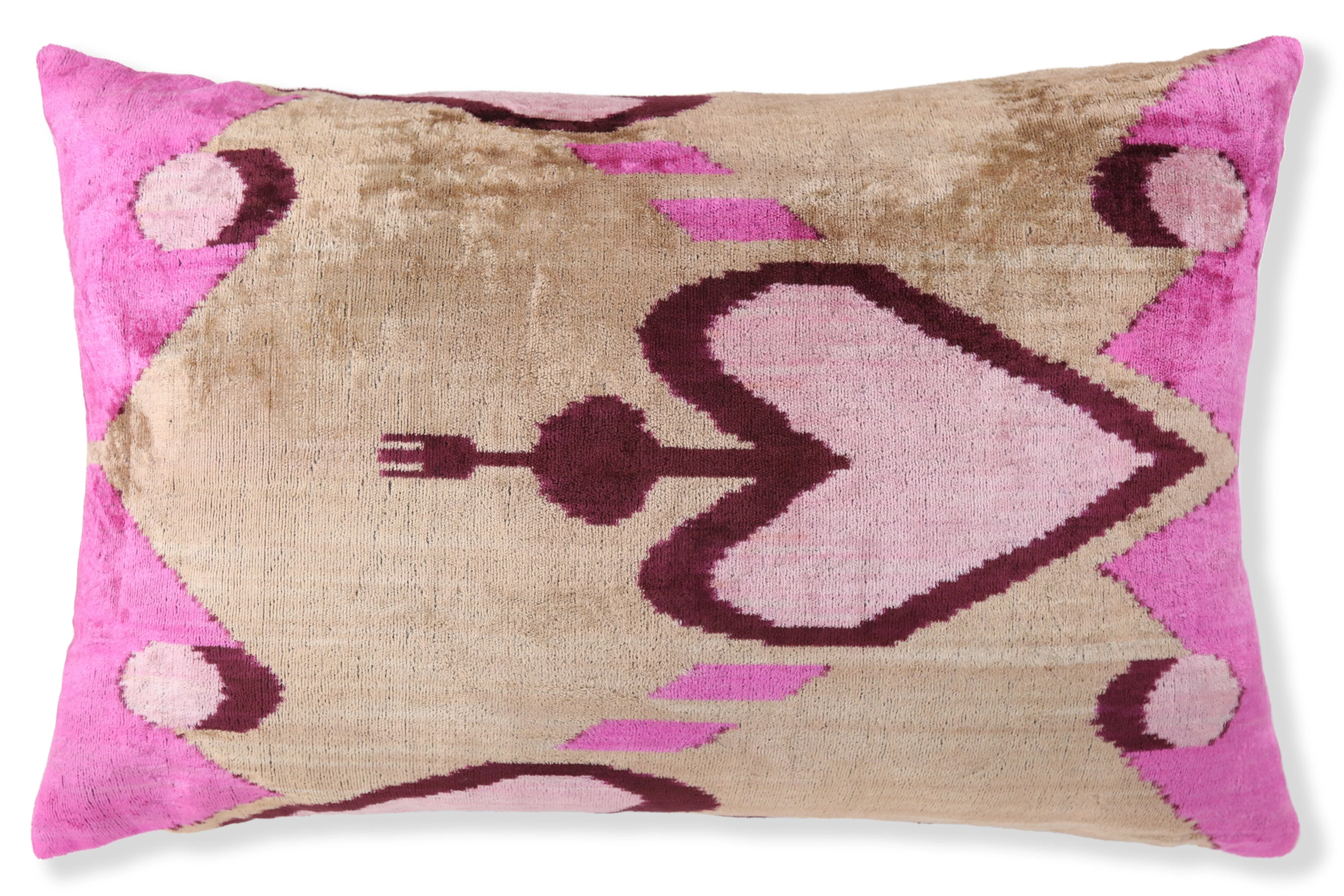 Handmade Velvet Throw Pillow – Tribal Heart in Pink & Taupe (16x24) - Image 4