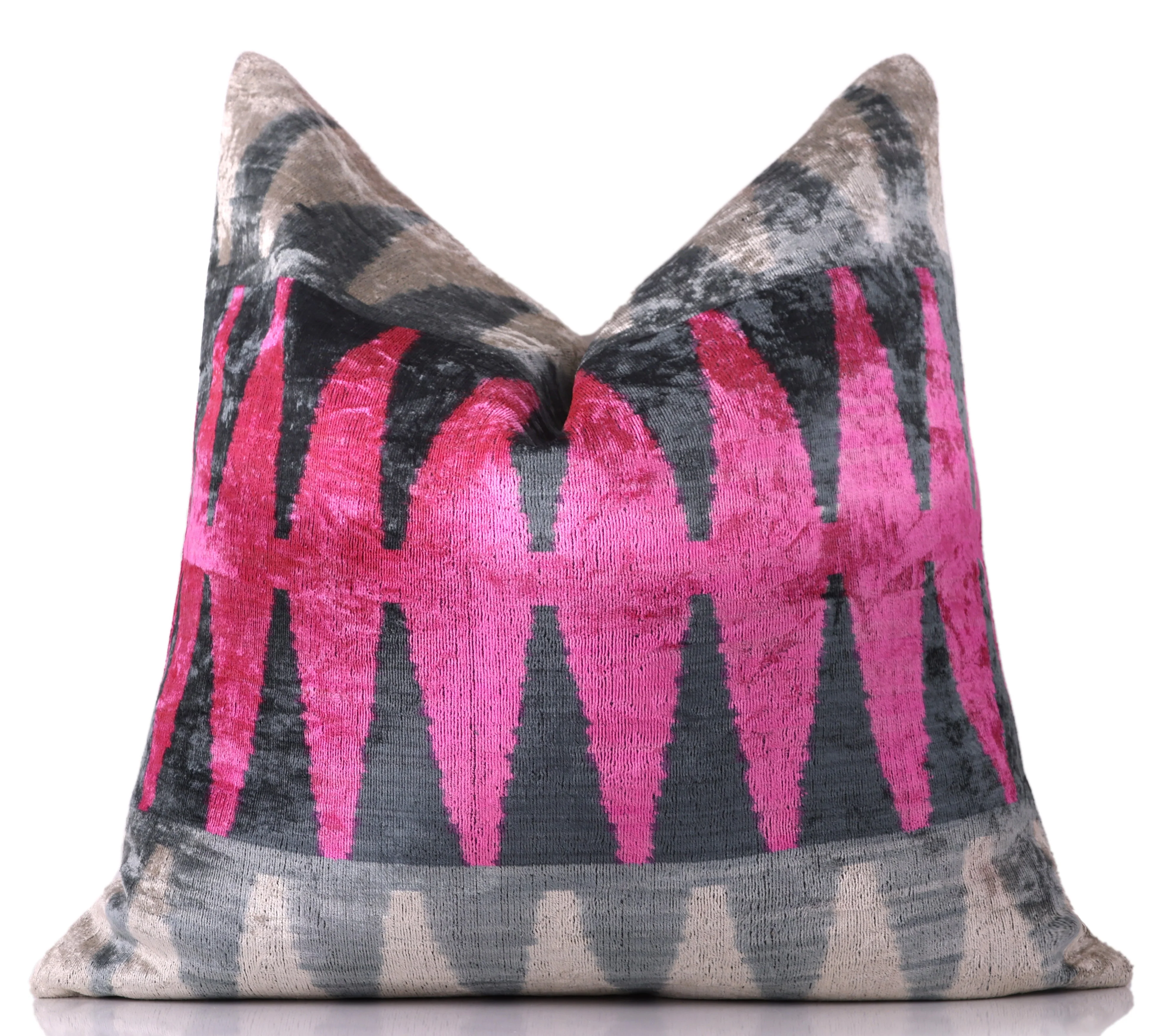 Handmade Velvet Zigzag Pillow – 24x24" Magenta & Gray Silk Cushion - Image 5
