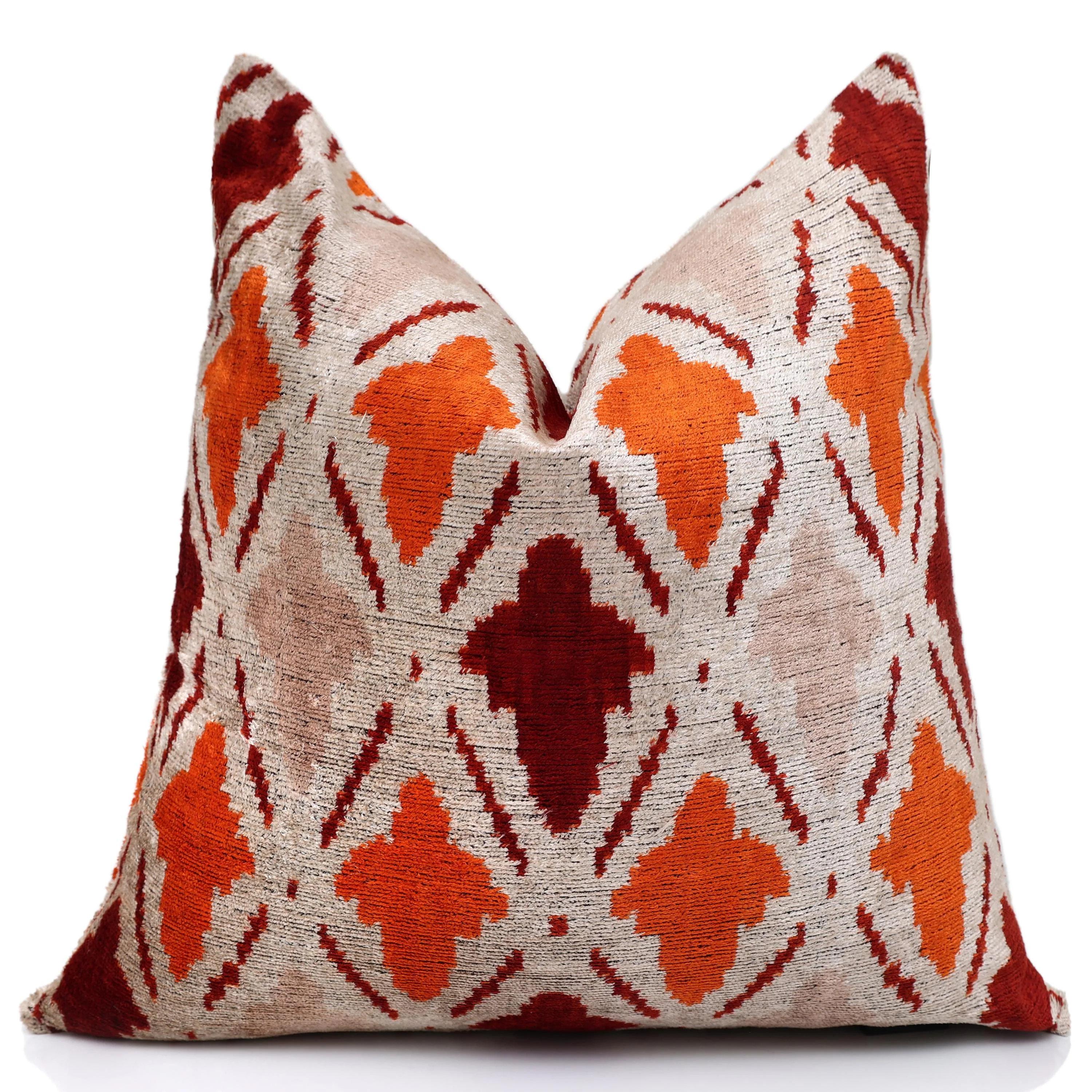 Handwoven Ikat Silk Velvet Throw Pillow 20x20 – Terracotta Rust & Ivory - Image 5